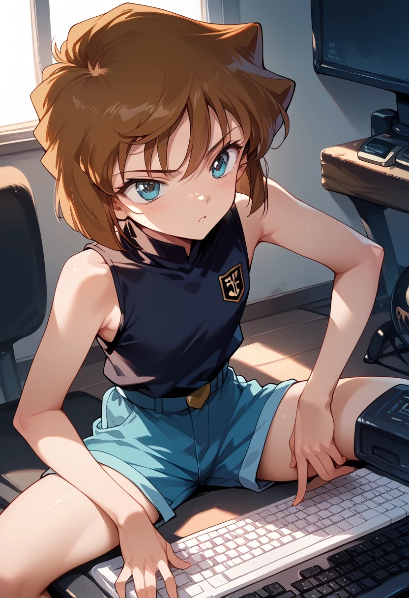 masterpiece,High resolution,Highest quality,8k
(Detective Conan,ai haibara)
(***************,,Flat Chest,Short,Brown Hair,short hair)
(White,Black sleeveless,Navy blue shorts)pc,Typing on the keyboard,focusing