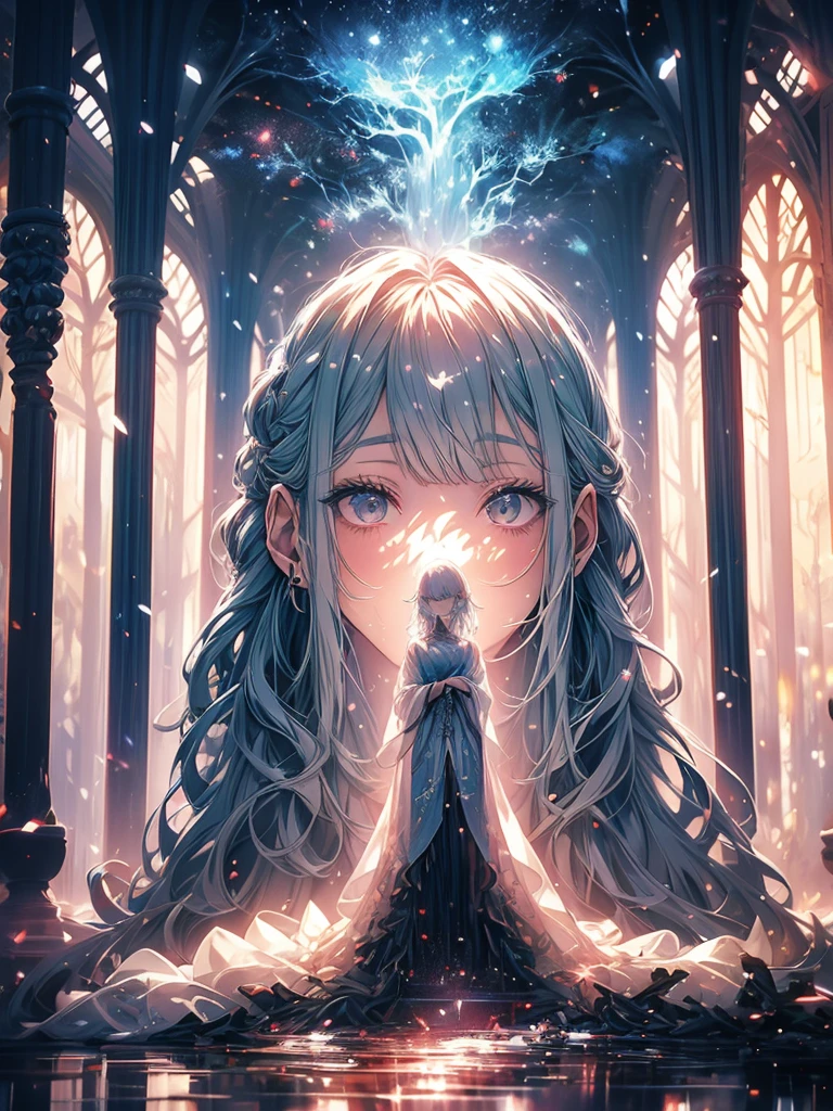 Beautiful girl in a transparent gray robe standing in a dark forest, Magnificent style, Octane Rendering, Desert Composition, Beautiful Face, Surreal, Oil on canvas, Awards, artwork, Art Station Trends, Studio Ghibli, Close-up of a girl