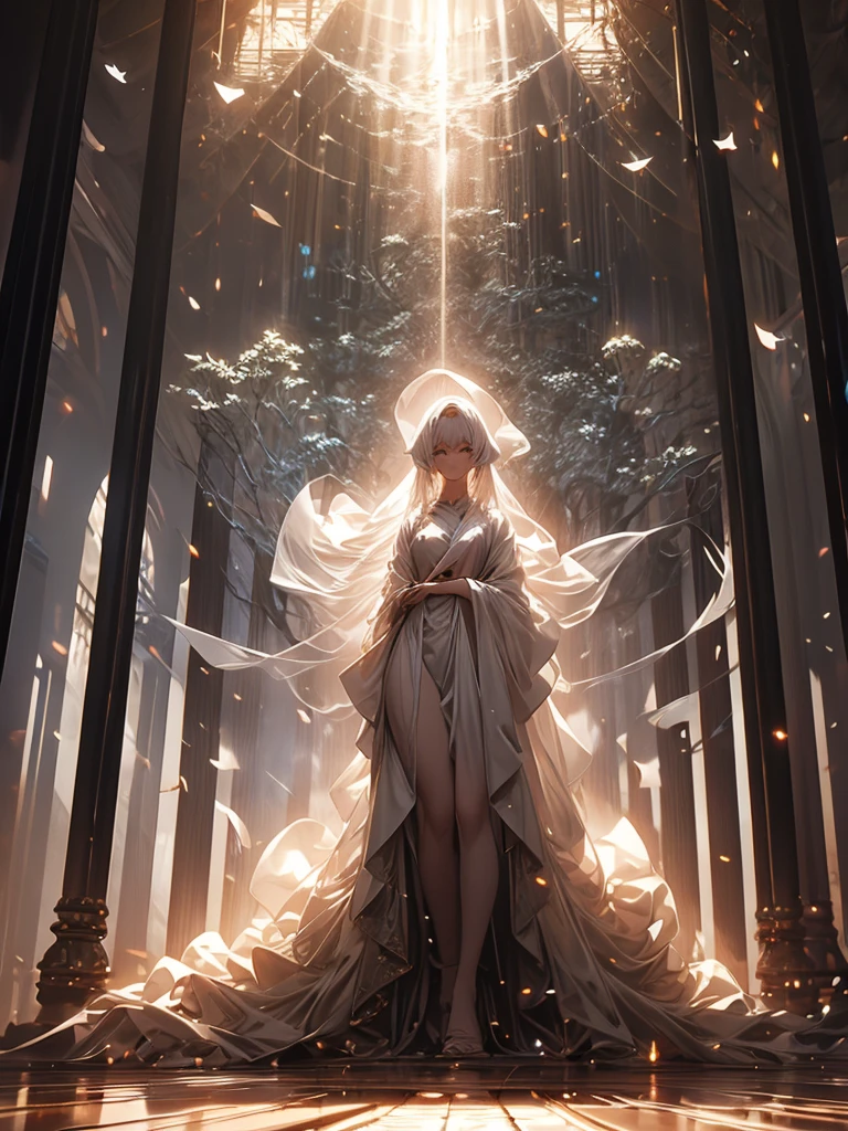 Beautiful girl in a transparent gray robe standing in a dark forest, Magnificent style, Octane Rendering, Desert Composition, Beautiful Face, Surreal, Oil on canvas, Awards, artwork, Art Station Trends, Studio Ghibli, Close-up of a girl