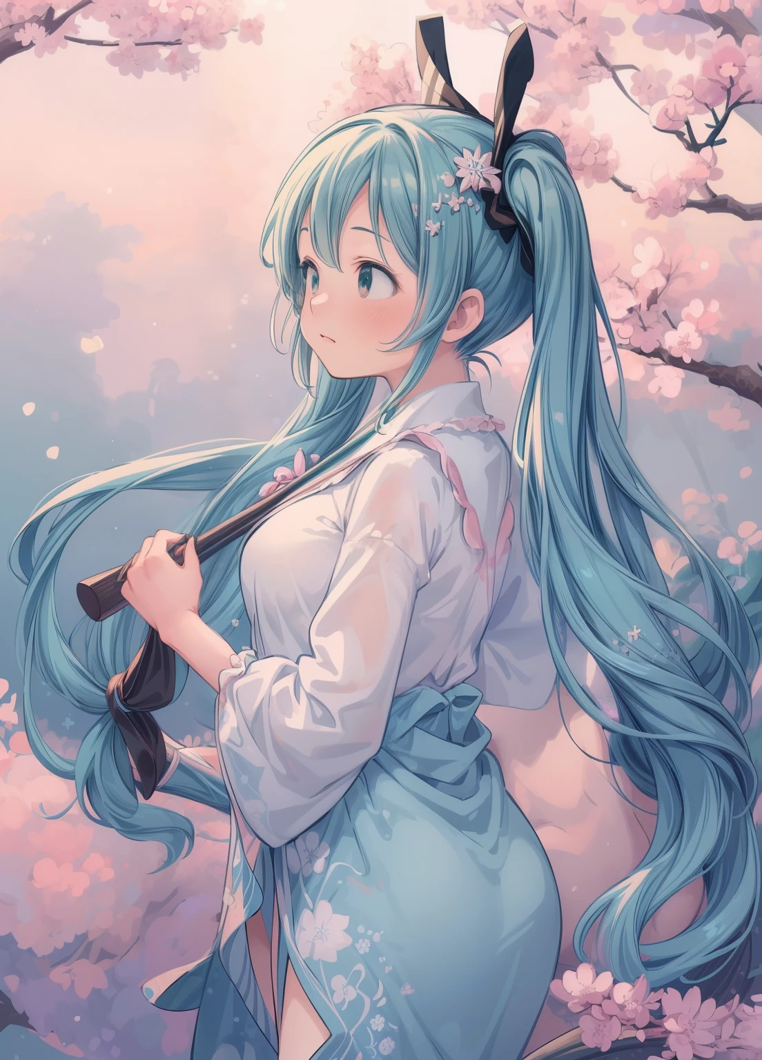 (masterpiece、Highest quality、Highest quality、Official Art、Beautiful and beautiful:1.2)、(One girl:1.3)Hatsune Miku、Twin tails,Beautiful breasts, Katsushika Hokusai,original, Intricate details, shape, masterpiece, Highly detailed CG Unity 8K wallpapers, highlight, polish, dynamic, Bokeh, , Beautiful girl with animals_Ears and Hair_ornament