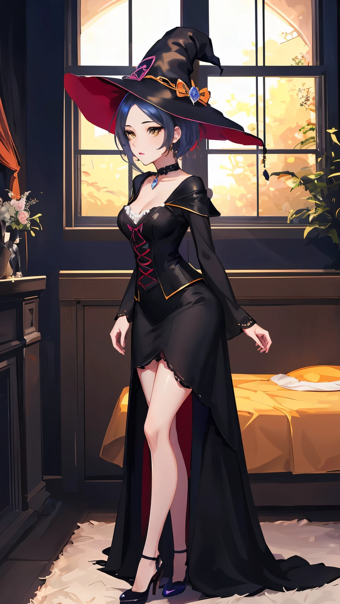 hayami kanade, idolmaster cinderella girls, in bedroom, 1girl, solo, full body, short hair, parted bangs, yellow eyes, large breasts,
BREAK ((witch costume:1.5)) 
BREAK standing in a large alcove in the room , standing in front of a window ,arms behind back, ball gown, in the garden of trees, wedding decorations,
BREAK (masterpiece:1.2), best quality, high resolution, unity 8k wallpaper, (illustration:0.8), (beautiful detailed eyes:1.6), extremely detailed face, perfect lighting, extremely detailed CG, (perfect hands, perfect anatomy),