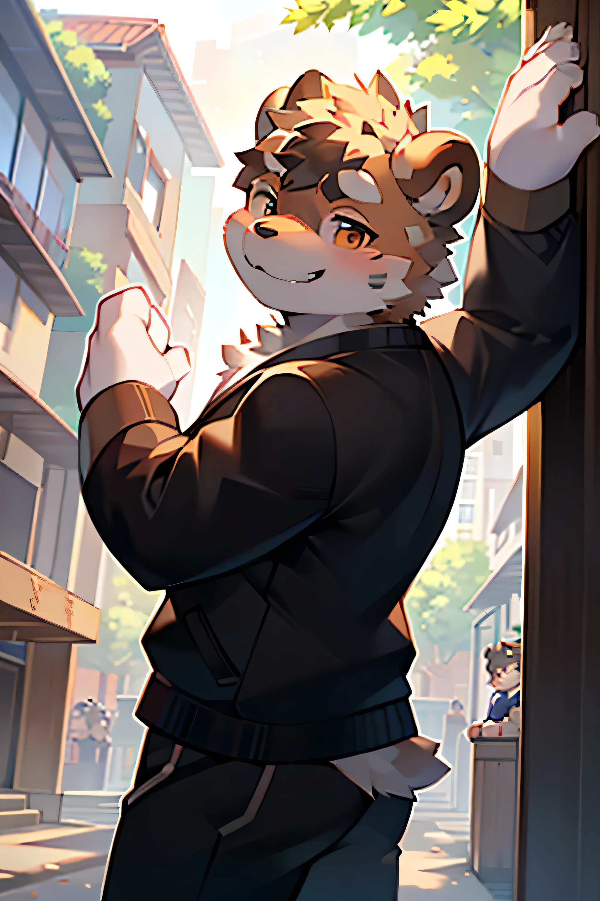 Campus Landscape,A burly bear boy,The bear child showed a naughty smile,The scene takes place in a corner of the playground,Xiongzi's body almost broke his school uniform。