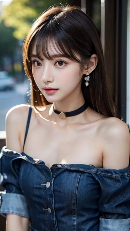 ((A denim camisole dress with voluminous pleats、Half Sleeve Shirt))whole body viewing angle、beautiful, calm and bright look、Sexy and refreshing look、完璧なbeautifulcute顔、Very bright、Long bangs between the eyes、Long black hair straight hair、とてもcute、beautifully、Sexy young tiny woman、非常に完璧なbeautifulcute顔、、Real17歳女性、cute,((Small breasts))、(()) And a very slim figure,Very thin leganicules、Earrings、Pink Lip、choker、Real、Highest quality、Detailed face、Detailed Background、Depth of written boundary、alone、night,Highest quality、High resolution、超High resolution(Real:1.4)Detailed eyes、Gradation、Perfect anatomical figure、Woman with perfect body、Highly detailed skin、非常にDetailed face、細部までbeautiful目、Background blur、