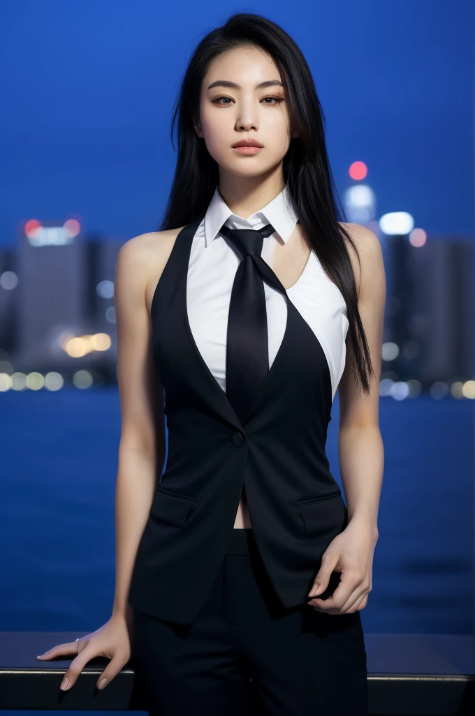 (absurdres, highres, ultra detailed, realistic, ), male, solo, teen, mature, short guy, Small shoulders, , very long hair, black hair, brown eyes, angular jaw, thick neck, thick eyebrows, night, dark, the night view of the city background, formal suit, necktie, upper body
Slimmer body
Belly
slim waist
holds his breasts