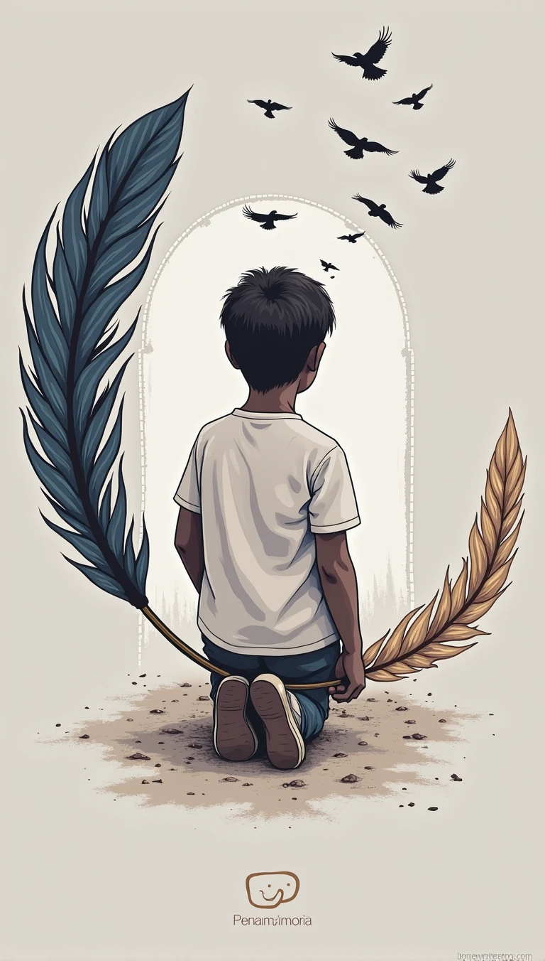 Logo design of an Infinity Feather to be the symbol of storytelling and music for the brand " Penamemoria". The logo must be a white-blue-golden feather with birds flying out of it.