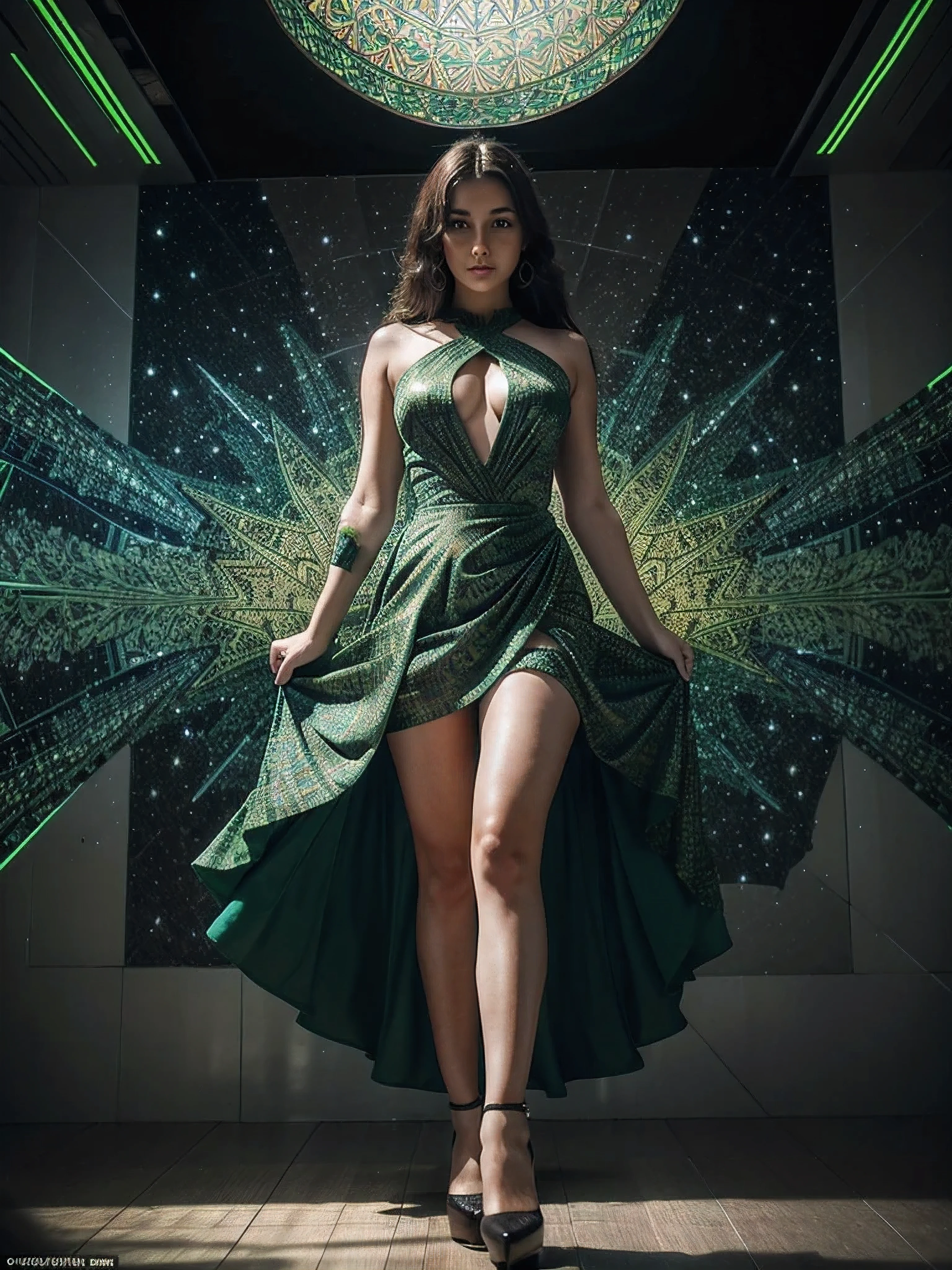 A woman in a flowing green dress stands elegantly in a vibrant, kaleidoscopic space filled with geometric patterns. The background is a glowing array of green hues, illuminated by a bright beam of light radiating from above. The floor is composed of reflective, checkered tiles that echo the intricate designs behind her. She wears black high-heeled shoes, and her dark hair cascades softly around her shoulders, adding to the ethereal atmosphere.