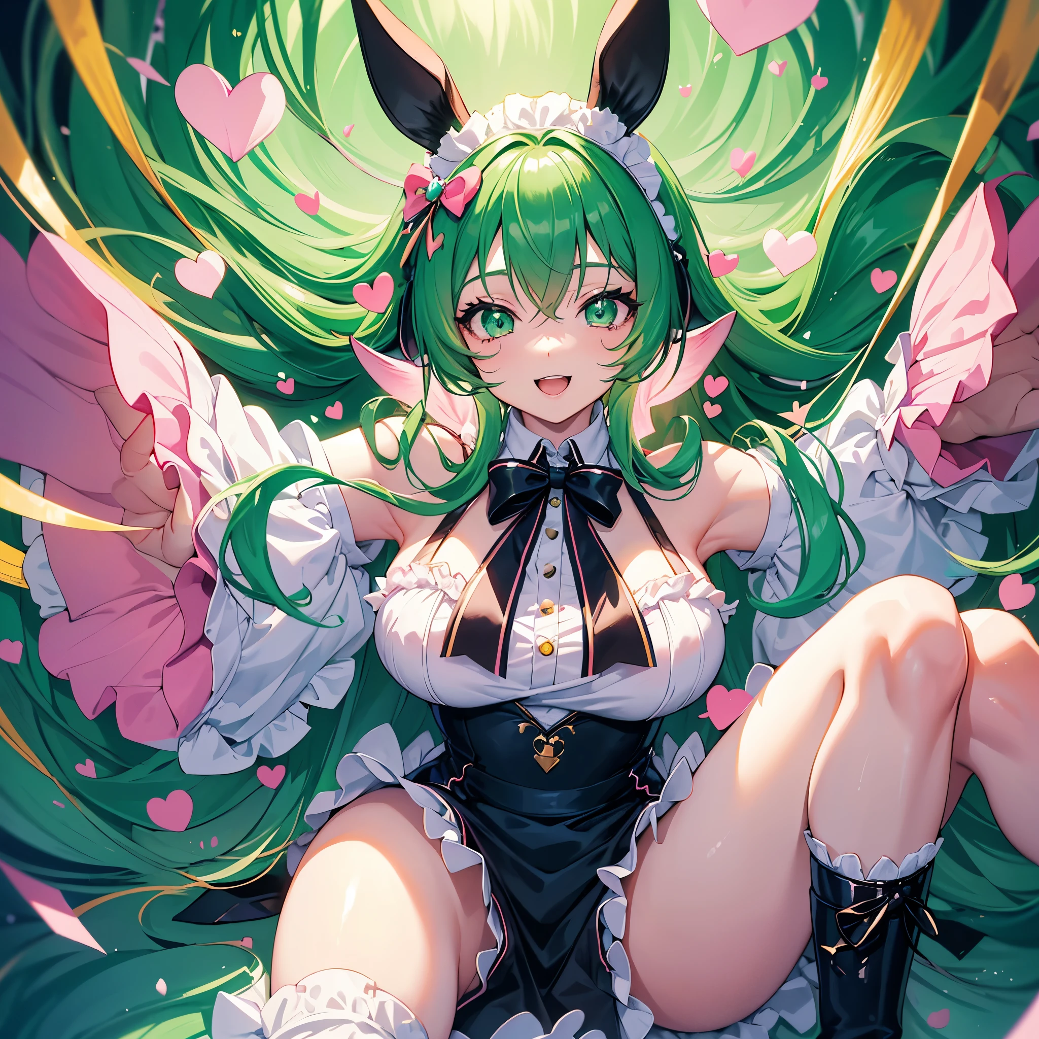 One woman,((Put on rabbit ears,Cosplay 20 years old,A little more mature atmosphere)) Green Eyes,Super Shining,Crystal long hair,green,Fluffy hair, maid outfit, black boots,A big smile down to my knees,front,Showing a little teeth Background(Pink Background,Lots of hearts) Super anime style, a masterpiece,Shining Edge
