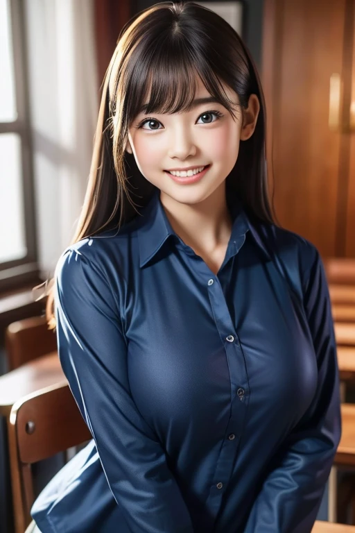 (In 8K、Highest quality、masterpiece:1.2)、(Realistic、Realistic:1.37)、Very detailed、1 girl、cute、alone、classroom、night、(Laughter:1.15)、Huge breasts、Too big、Beautiful saggy breasts and beautiful eyes、(Collared shirt:1.1)、Float NovaFrogStyle、Adult、Amorous、Gloss、Kamimei、she looks 、