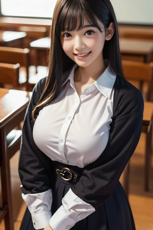 (In 8K、Highest quality、masterpiece:1.2)、(Realistic、Realistic:1.37)、Very detailed、1 girl、cute、alone、classroom、night、(Laughter:1.15)、Huge breasts、Too big、Beautiful saggy breasts and beautiful eyes、(Collared shirt:1.1)、Float NovaFrogStyle、Adult、Amorous、Gloss、Kamimei、she looks 、