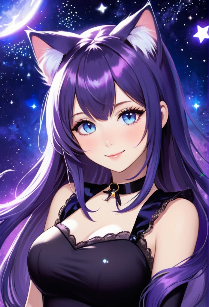 1girl, cat ears, purple cat tail, long hair, bangs, purple hair, gorgeous blue eyes, eyeliner, long lashes, soft smile, collar, black top, , starry background