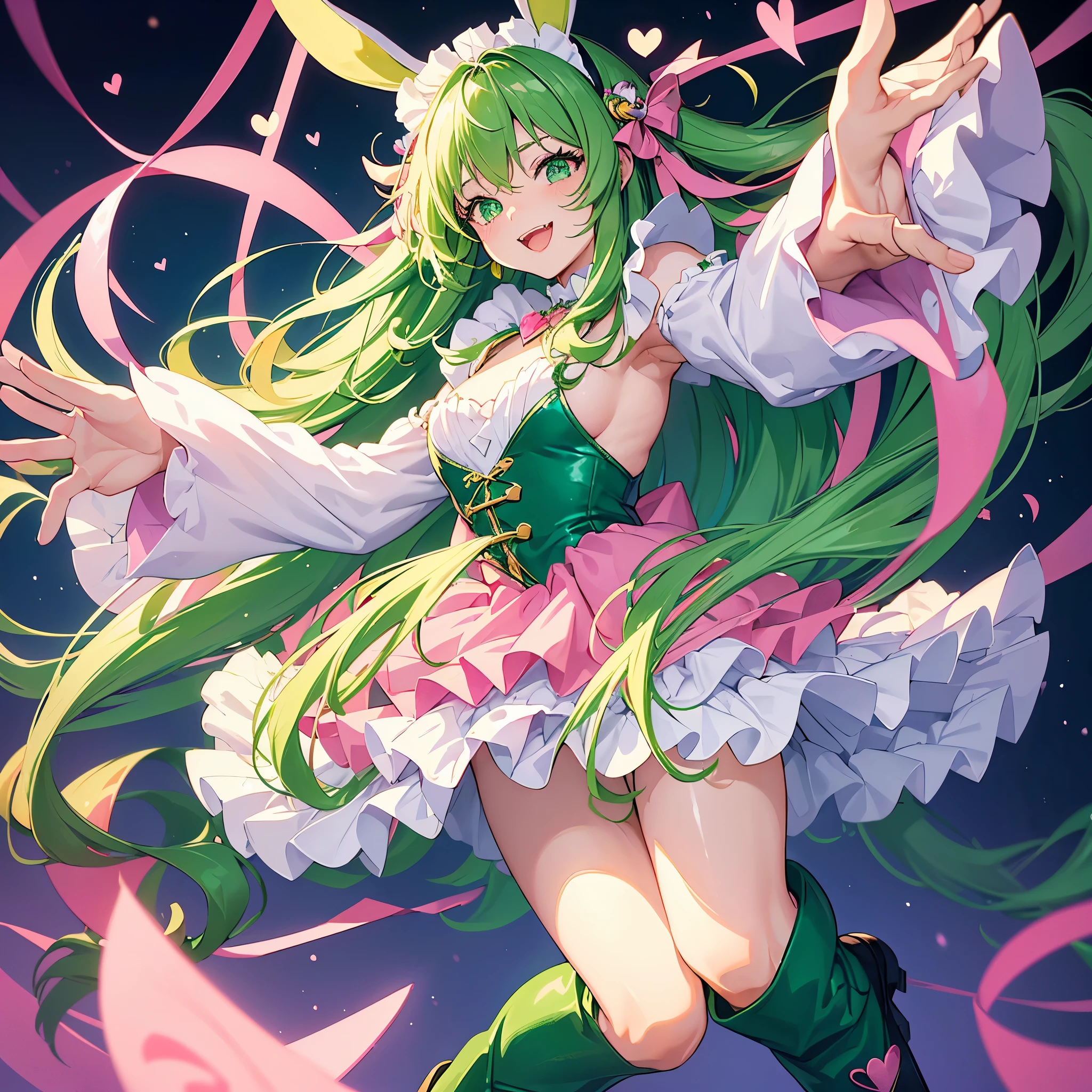 One woman,((Put on rabbit ears,Cosplay 20 years old,A little more mature atmosphere)) Green Eyes,Super Shining,Crystal long hair,green,Fluffy hair, maid outfit, black boots,A big smile down to my knees,front,Showing a little teeth Background(Pink Background,Lots of hearts) Super anime style, a masterpiece,Shining Edge