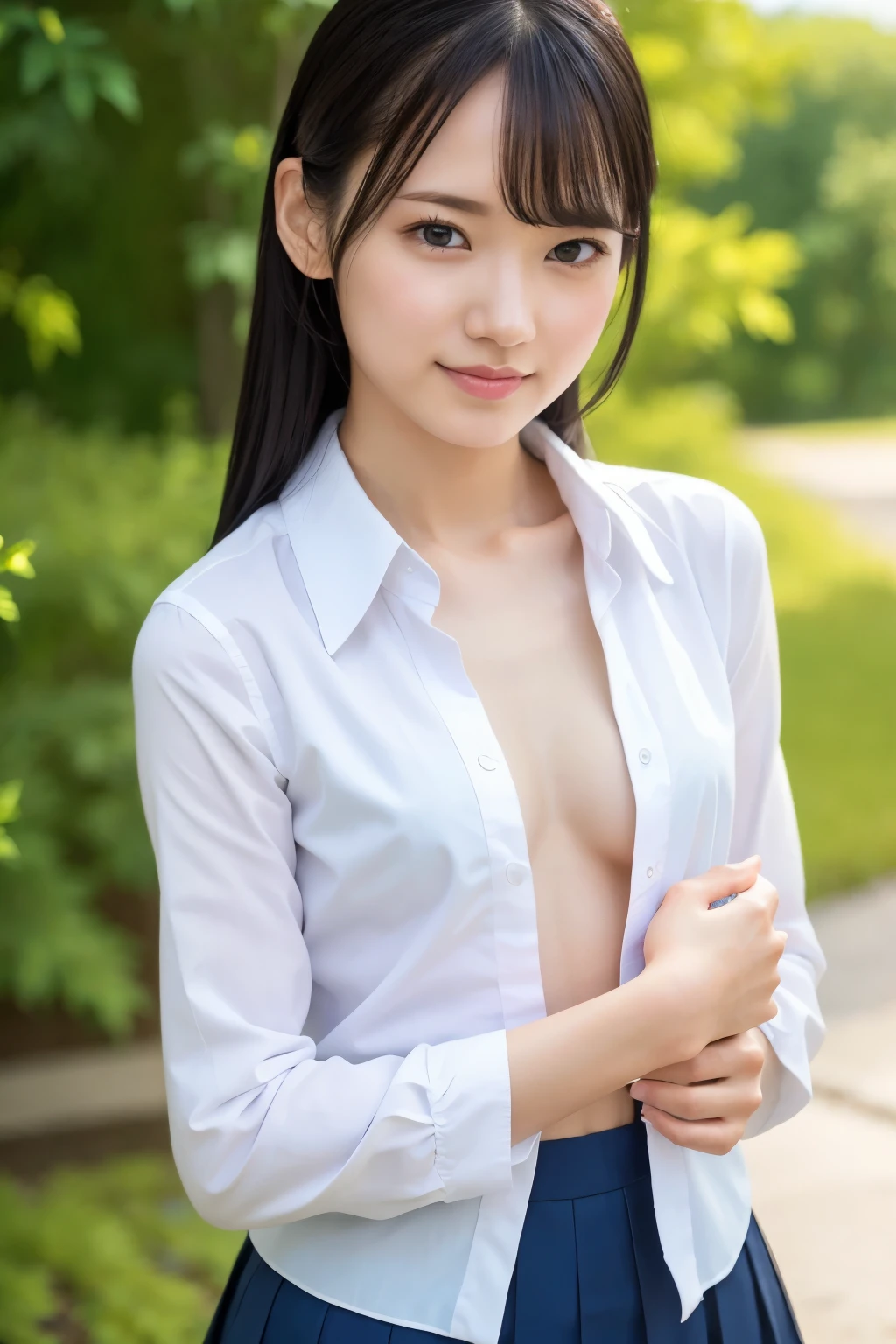 (Highest quality、Tabletop、8k、Best image quality、Award-winning works)、Cute school girl、alone、Perfect beautiful composition、(A uniform shirt with a completely open chest:1.5)、(Unbutton your shirt to reveal your chest:1.5)、(Very small bare breasts exposed:1.5)、(Small cleavage:1.1)、Slender body、(She looks at me with a shy smile:1.1)、(Strongly blurred park background:1.1)、Natural Makeup、Ultra-high definition beauty face、Ultra HD Hair、Ultra-high definition sparkling eyes、(Pure white skin shining in ultra-high definition:1.1)、Ultra-high quality glossy lips、Accurate anatomy、Ultra HD Hair、(Very bright:1.1)