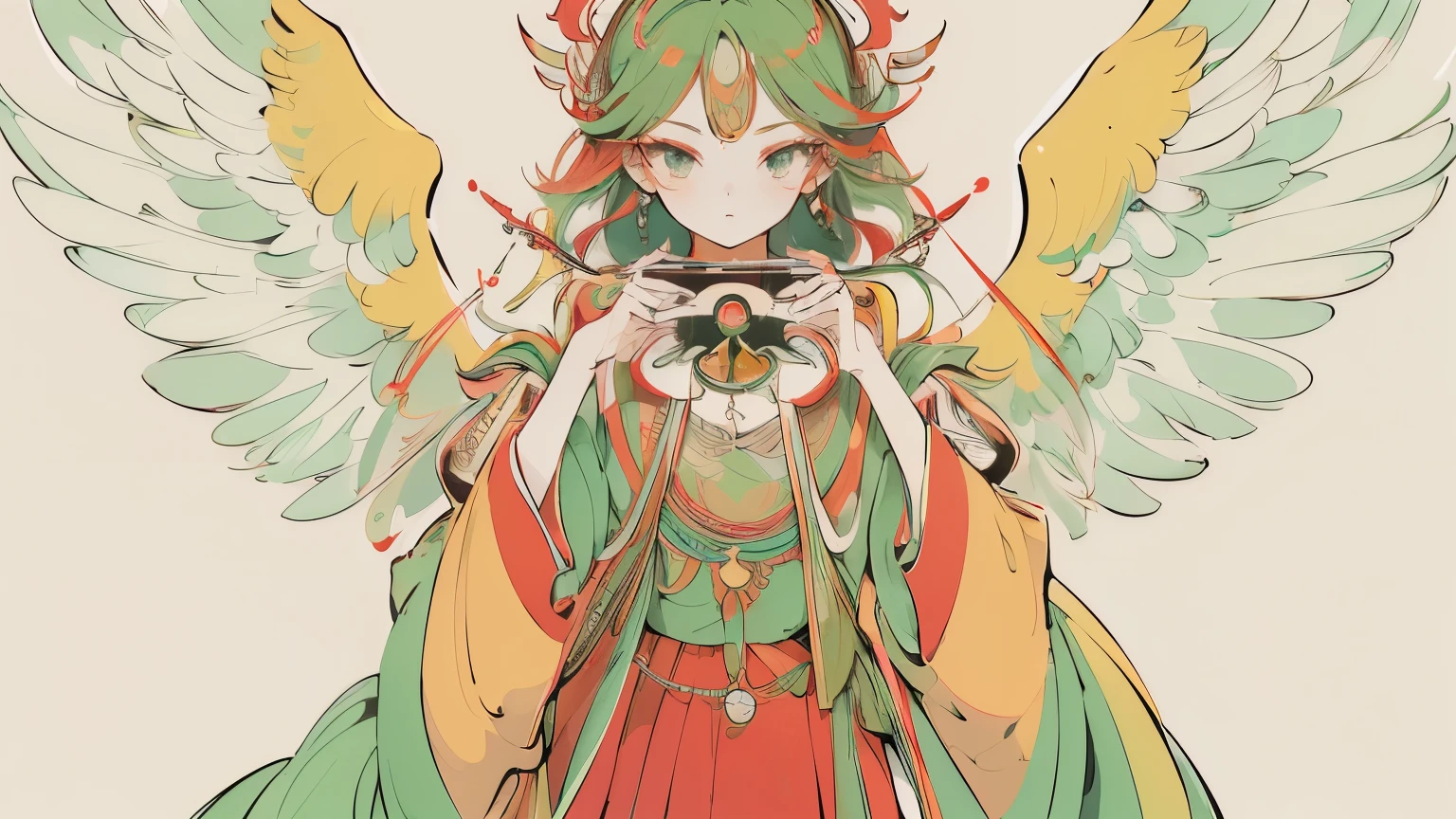(Designed by nty:1.4),Upper body portrait of a girl,Green and red colorful, colourful, Yoshitaka Amano character setting,solo,Angelic, Symmetrical Beauty, Angel Wings, Gorgeous long skirt, stand up, (((solo))), Color matching,Clear facial features, Clean lines design, Magic Elements, future technology, ((tarot card background)), Standing figure, ((Flat color)), (masterpiece,Top quality,Best quality,Ultra-high resolution), ((Exquisite facial features,Clear facial features,beautiful eyes,Beautiful face)) ,(32k wallpaper),