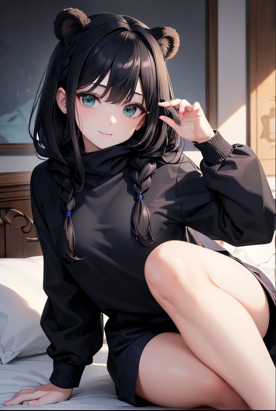 beautiful, (masterpiece), Highest quality, (extremely detailed face), extremely detailed eyes,  Perfect lighting, 全体detailed, detailed, Deep Skin,Textured skin,
,bear costume ,black bear costume, Long sleeve, Wear a hood,,mallow , Long Hair, Green Eyes, Big smile,On the bed ,sit between the pillows,
,Long Black Hair, Hairstyle(Braiding), Hairstyle(((black navy blue, Dark Navy))), pupil(purple)