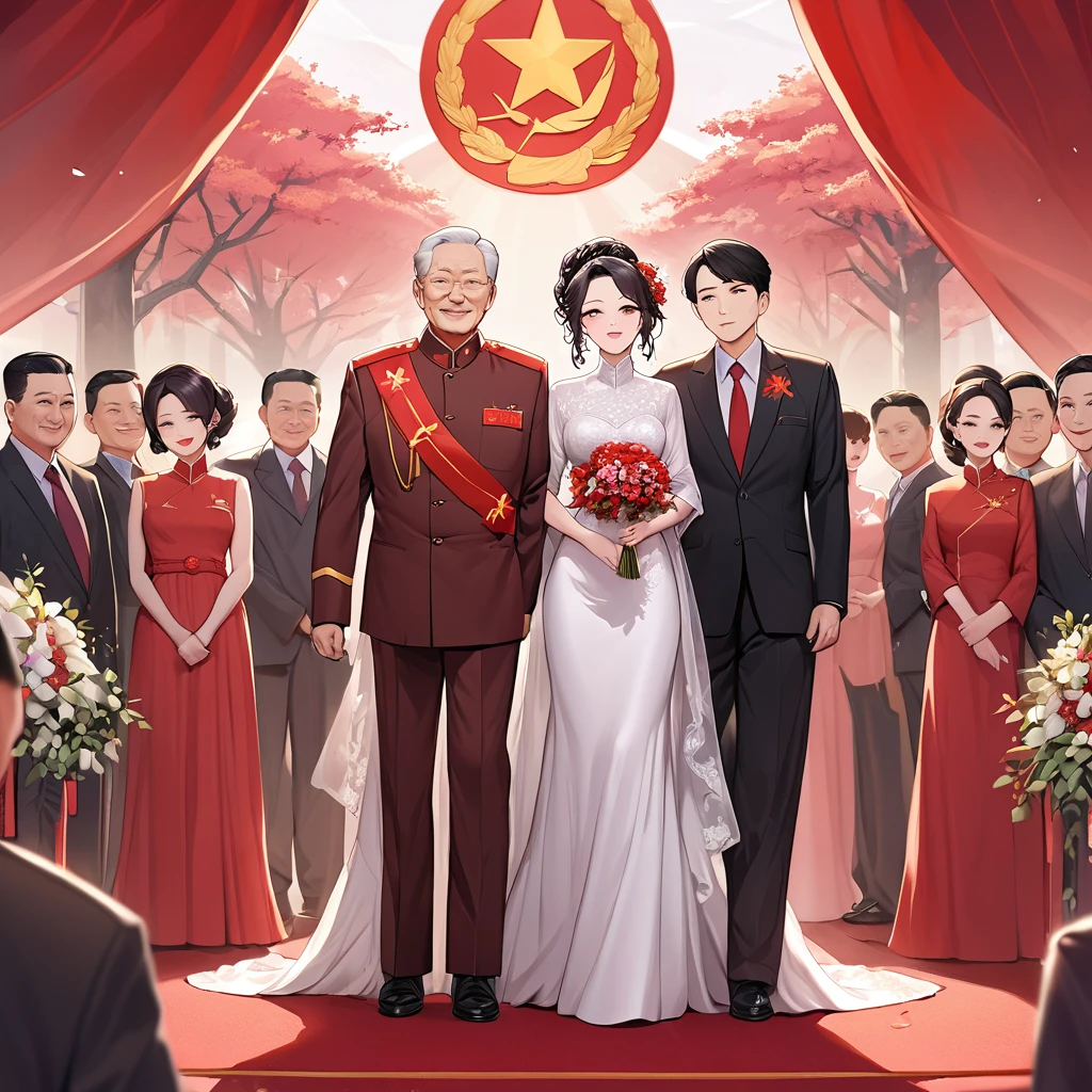((Highest quality)), ((masterpiece)), (detailed), （Perfect Face）、The woman is a Chinese woman named Kocho Shinobu.。, Purple gradient bob black hair and formal evening hairstyles. She is wearing an engagement ring. She is a prominent member of the Chinese Communist Party.、She is the wife of a great old Communist Party official.、The woman is beautifully dressed in a gorgeous red wedding dress typical of the Chinese Communist Party, and she loves her husband dearly and is happy to be his wife.、She walked side by side with a dignified elderly Communist Party official down the red carpet aisle in a loving wedding ceremony.。A loving Chinese Communist couple