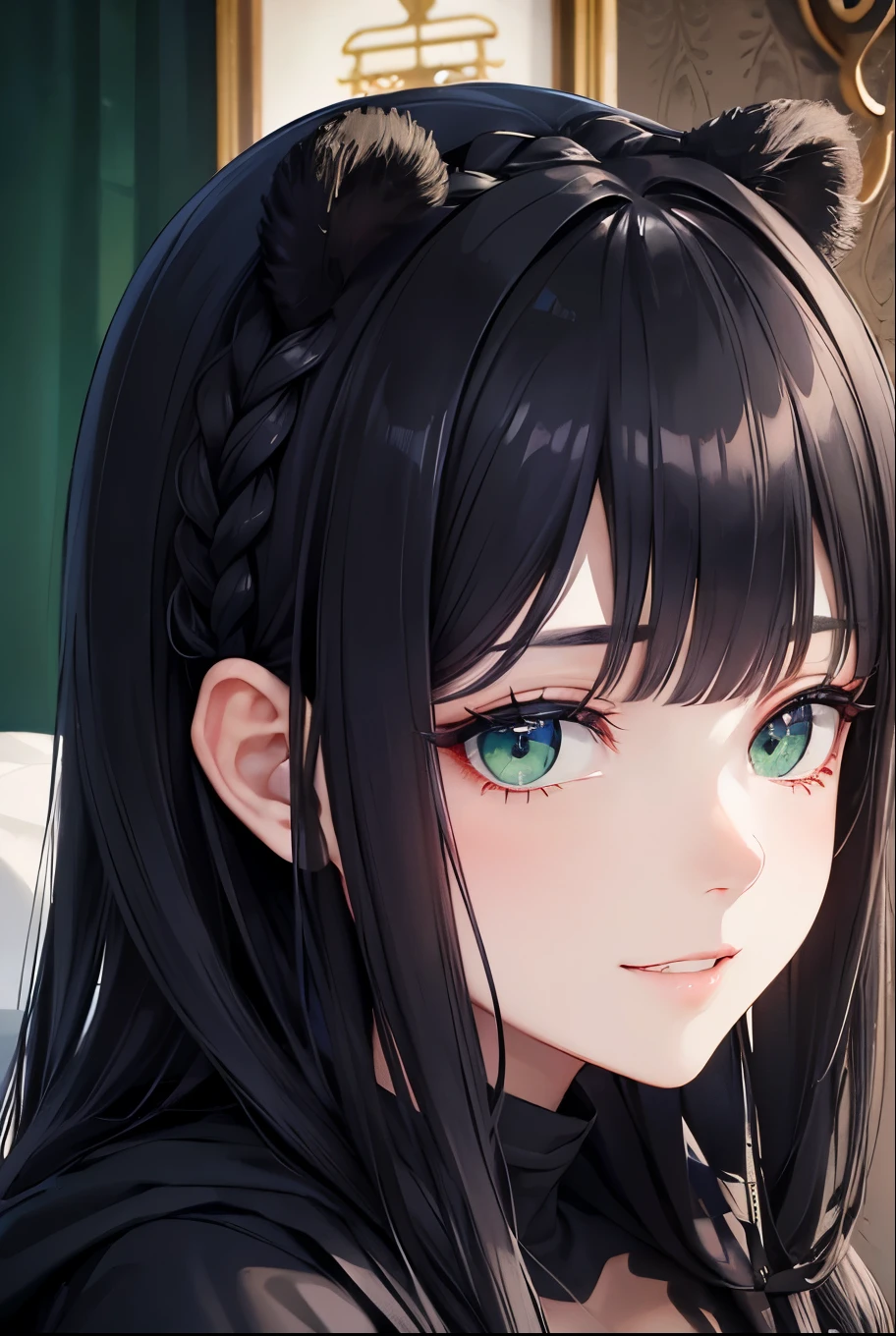 beautiful, (masterpiece), Highest quality, (extremely detailed face), extremely detailed eyes,  Perfect lighting, 全体detailed, detailed, Deep Skin,Textured skin,
,bear costume ,black bear costume, Long sleeve, Wear a hood,,mallow , Long Hair, Green Eyes, Big smile,On the bed ,sit between the pillows,
,Long Black Hair, Hairstyle(Braiding), Hairstyle(((black navy blue, Dark Navy))), pupil(purple)