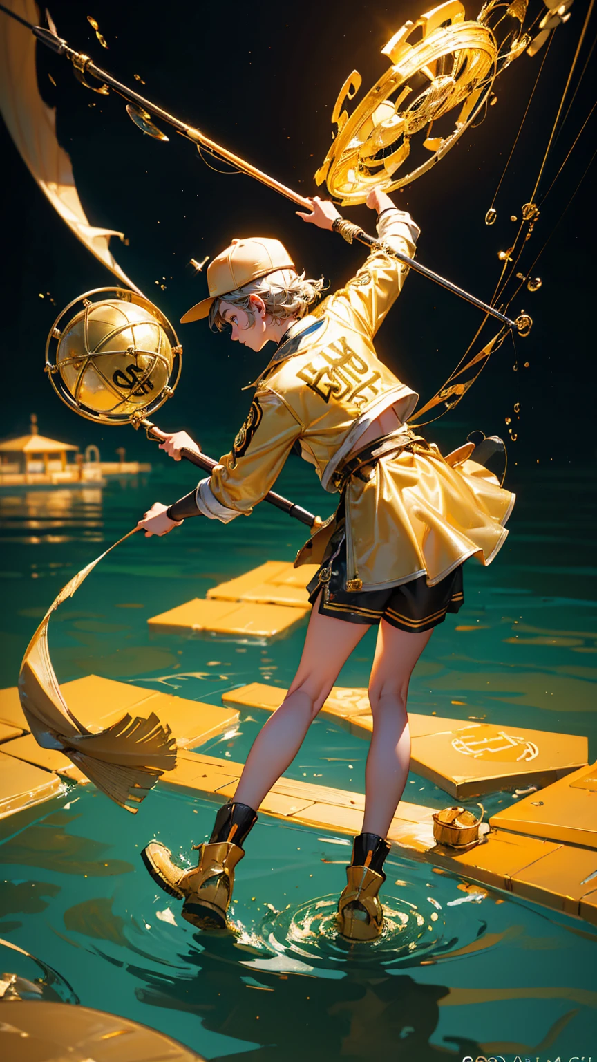 a cute beautiful is catching gold coins with net in the water, there's an open treasure chest on the ground and golden "Codex" word logo appears above it, cartoon style, 3d render, bright background, the letters of kodAKranssler have yellow outline and the words "tell KYC", a silver fishing rod sticking out from behind them, floating in air 