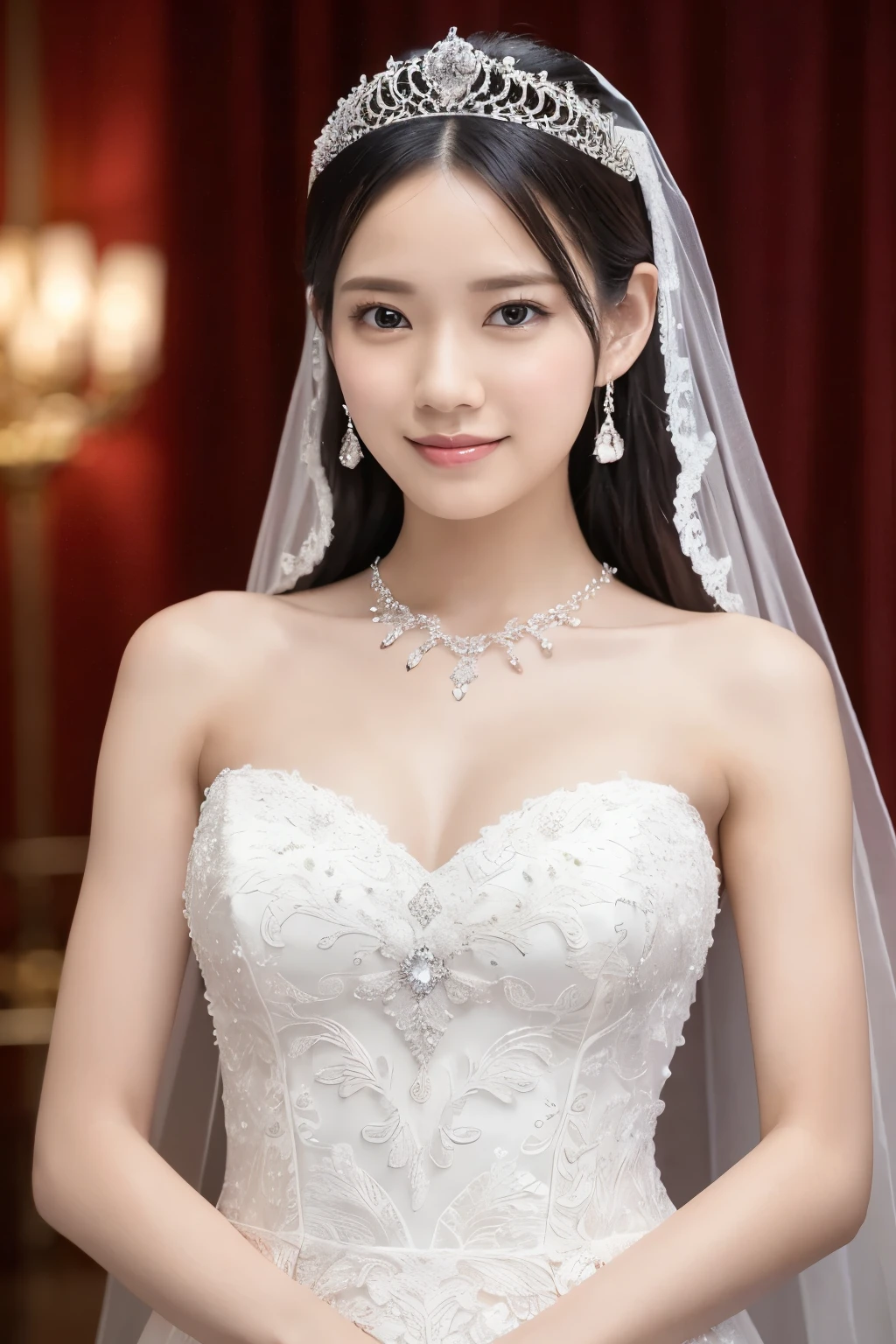 (Highest quality、Tabletop、8k、Best image quality、Award-winning works)、(A princess in her finest bridal outfit:1.1)、 alone、(A luxurious wedding dress studded with a large amount of jewellery:1.3)、(The most extravagant and luxurious huge wedding dress:1.5)、(The most extravagant and luxurious giant princess tiara:1.3)、(The most extravagant and huge wedding dress with lots of jewelry:1.2)、(Perfect Wedding Lace:1.3)、(alone:1.1)、Perfect beautiful composition、(Accentuate your body lines:1.1)、(Upper body photo:1.1)、Look at me and smile、(Beautiful elegant wedding reception venue:1.2)、Standing Elegantly、Natural Makeup、Ultra-high definition beauty face、Ultra HD Hair、Ultra-high definition sparkling eyes、(Ultra-high resolution glossy skin:1.2)、Ultra-high quality glossy lips、(Accurate anatomy with attention to detail:1.1)、(very bright and vivid:1.3)、(Super bright and radiant skin:1.2)