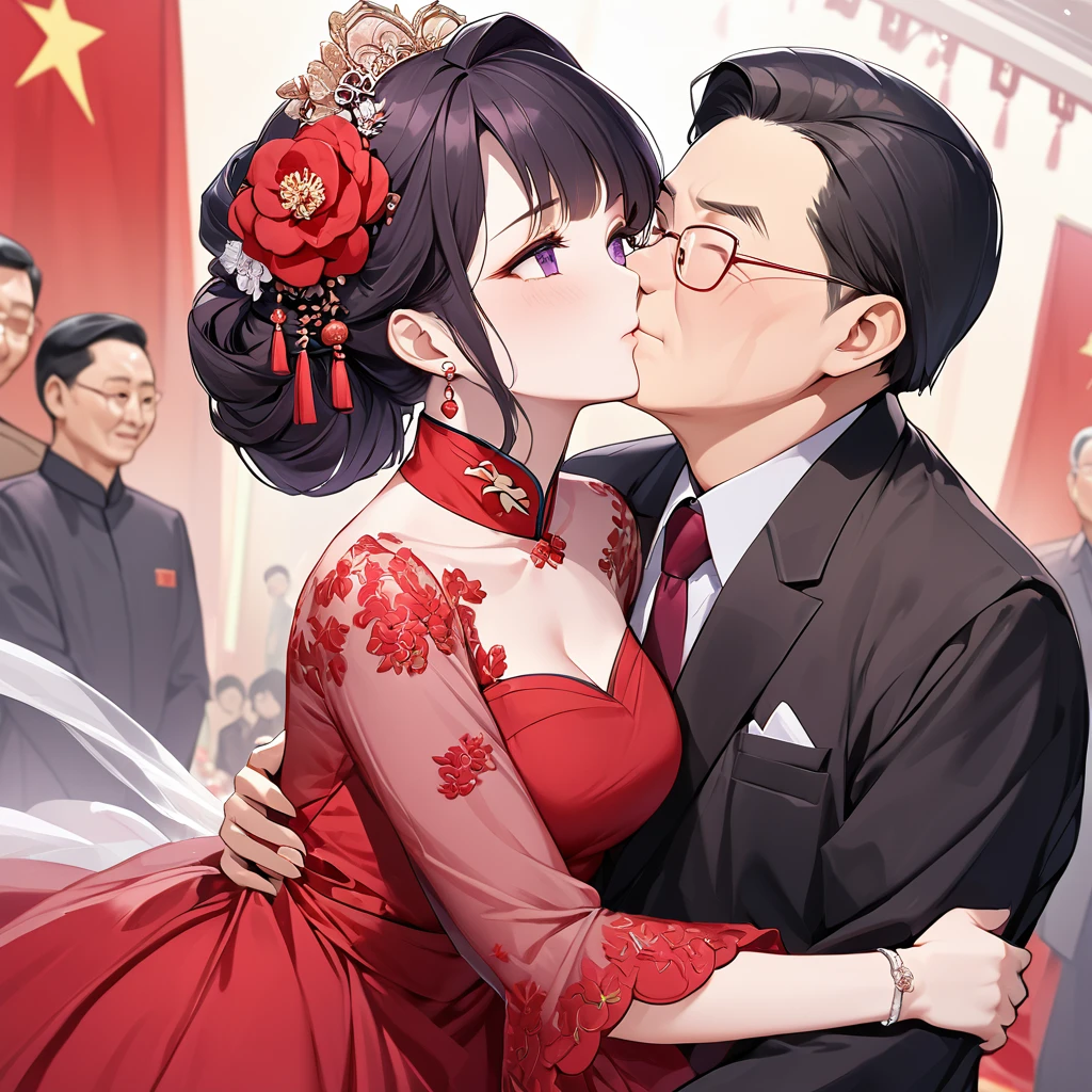 ((Highest quality)), ((masterpiece)), (detailed), (Perfect Face)、The woman is a Chinese woman named Kocho Shinobu.。, Purple gradient bob black hair and formal evening hairstyles. She is wearing an engagement ring. She is a prominent member of the Chinese Communist Party.、She is the wife of a great old Communist Party official.、The woman is beautifully dressed in a gorgeous and glamorous red wedding dress typical of the Chinese Communist Party.、She is seen in a passionate wedding ceremony with a dignified elderly Communist Party official, embracing him passionately and kissing him in a deep vow.。A loving Chinese Communist couple
