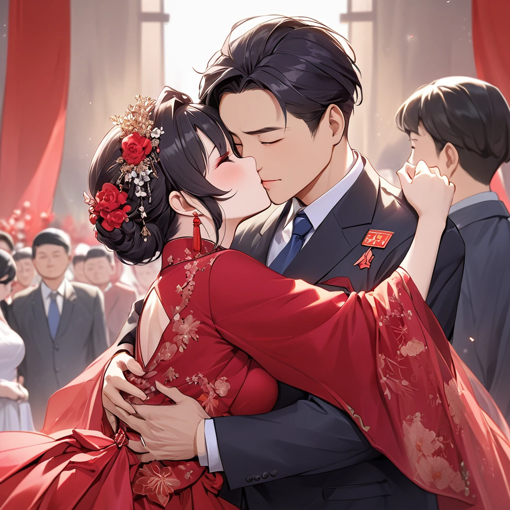 ((Highest quality)), ((masterpiece)), (detailed), (Perfect Face)、The woman is a Chinese woman named Kocho Shinobu.。, Purple gradient bob black hair and formal evening hairstyles. She is wearing an engagement ring. She is a prominent member of the Chinese Communist Party.、She is the wife of a great old Communist Party official.、The woman is beautifully dressed in a gorgeous and glamorous red wedding dress typical of the Chinese Communist Party.、She is seen in a passionate wedding ceremony with a dignified elderly Communist Party official, embracing him passionately and kissing him in a deep vow.。A loving Chinese Communist couple