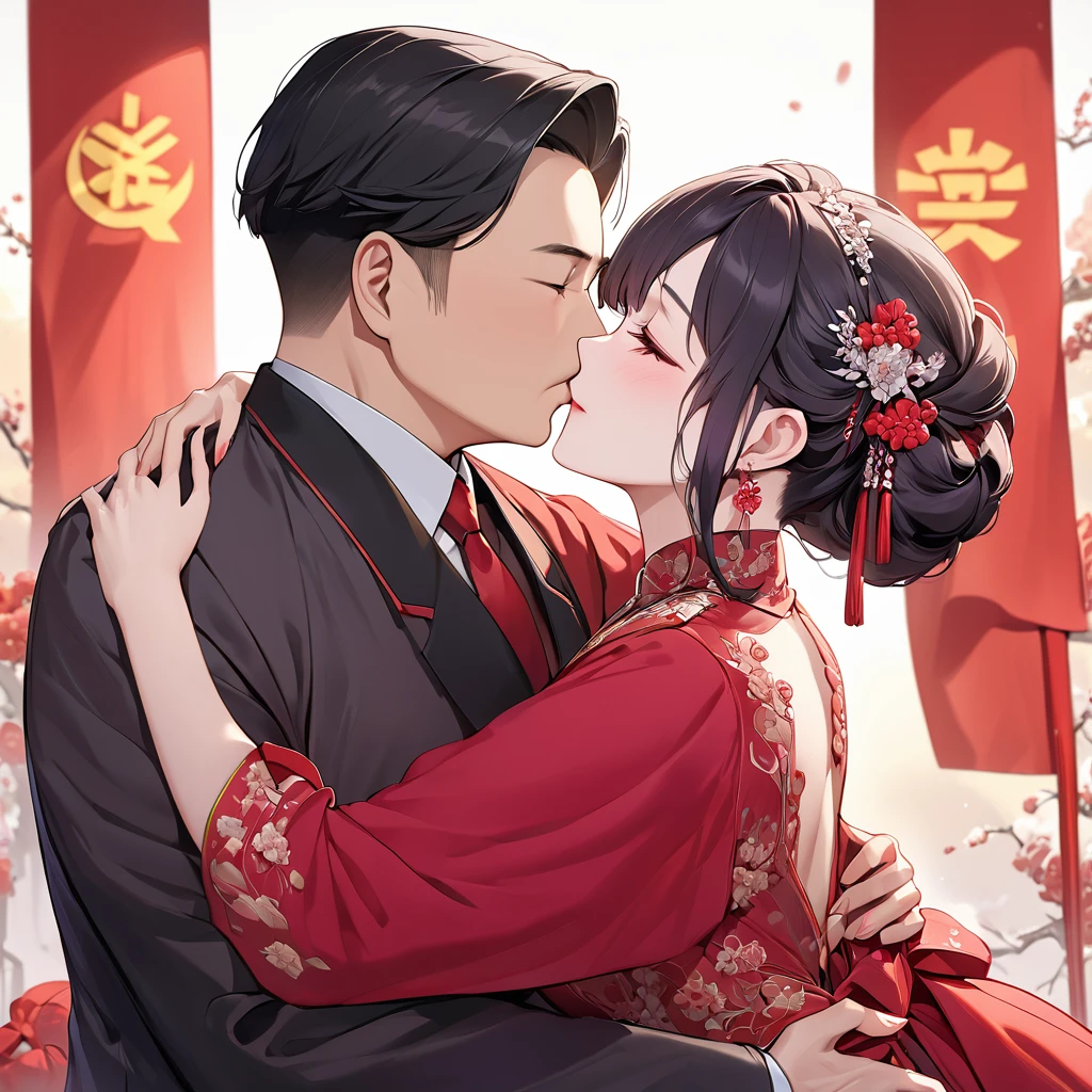 ((Highest quality)), ((masterpiece)), (detailed), (Perfect Face)、The woman is a Chinese woman named Kocho Shinobu.。, Purple gradient bob black hair and formal evening hairstyles. She is wearing an engagement ring. She is a prominent member of the Chinese Communist Party.、She is the wife of a great old Communist Party official.、The woman is beautifully dressed in a gorgeous and glamorous red wedding dress typical of the Chinese Communist Party.、She is seen in a passionate wedding ceremony with a dignified elderly Communist Party official, embracing him passionately and kissing him in a deep vow.。A loving Chinese Communist couple