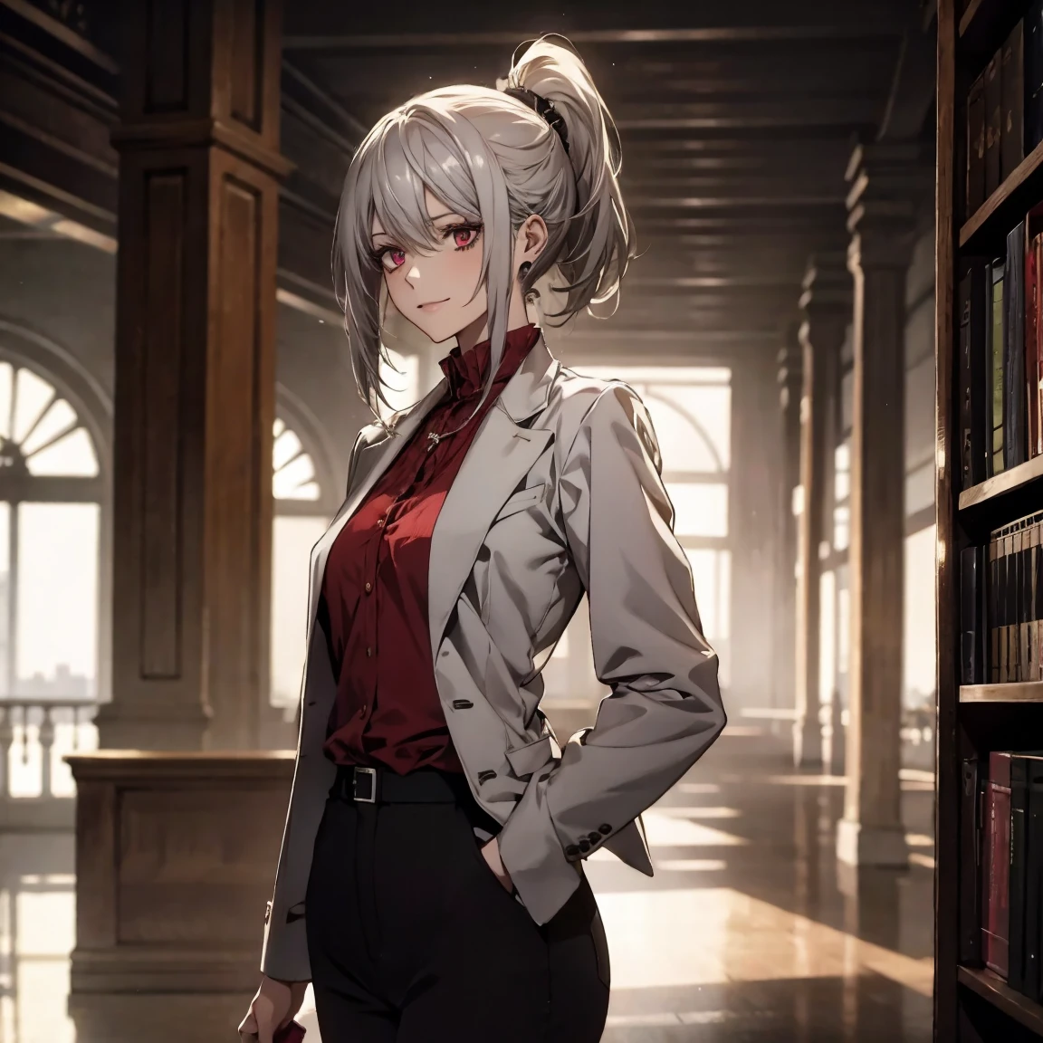 (Confused, High resolution, Very detailed), 1 female, Silver Hair,Long Hair,Crimson Eyes,Jackets and blouses,skinny pants,secretary,Low Ponytail,25th generation,Beautiful woman,mature,thin,quiet,Calm,Small breasts,A small smile,library