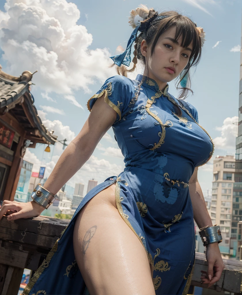 ((a low angle shot, seen from forward)1.3), upper body of a woman with a big breast posing for a picture, ((sexy pose at the camera):1.4)), gorgeous chinese girl, ((chun li likeness):1.4), young and cute girl, detailed face, naughty looks, droopy breast, 18 years old, ((wearing blue qipao long dress with dragon pattern, bottomless, exposed thick thigh):1.43), highly realistic. live cam, sexy hot body, busty posture, bun black hair with bangs, chinese nymph goddess, on the chinese old city, (skyview, clouds) background, photon mapping, cinematic lighting, perfect composition,