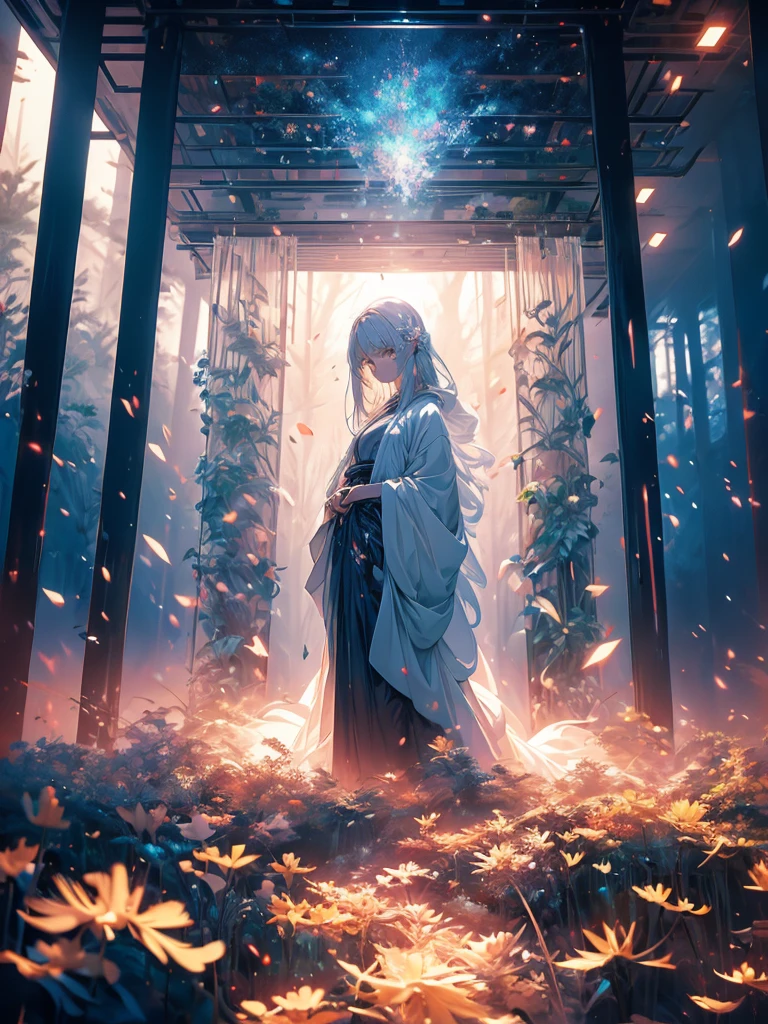 Beautiful girl in a transparent gray robe standing in a dark forest, Magnificent style, Octane Rendering, Desert Composition, Beautiful Face, Surreal, Oil on canvas, Awards, artwork, Art Station Trends, Studio Ghibli, Close-up of a girl