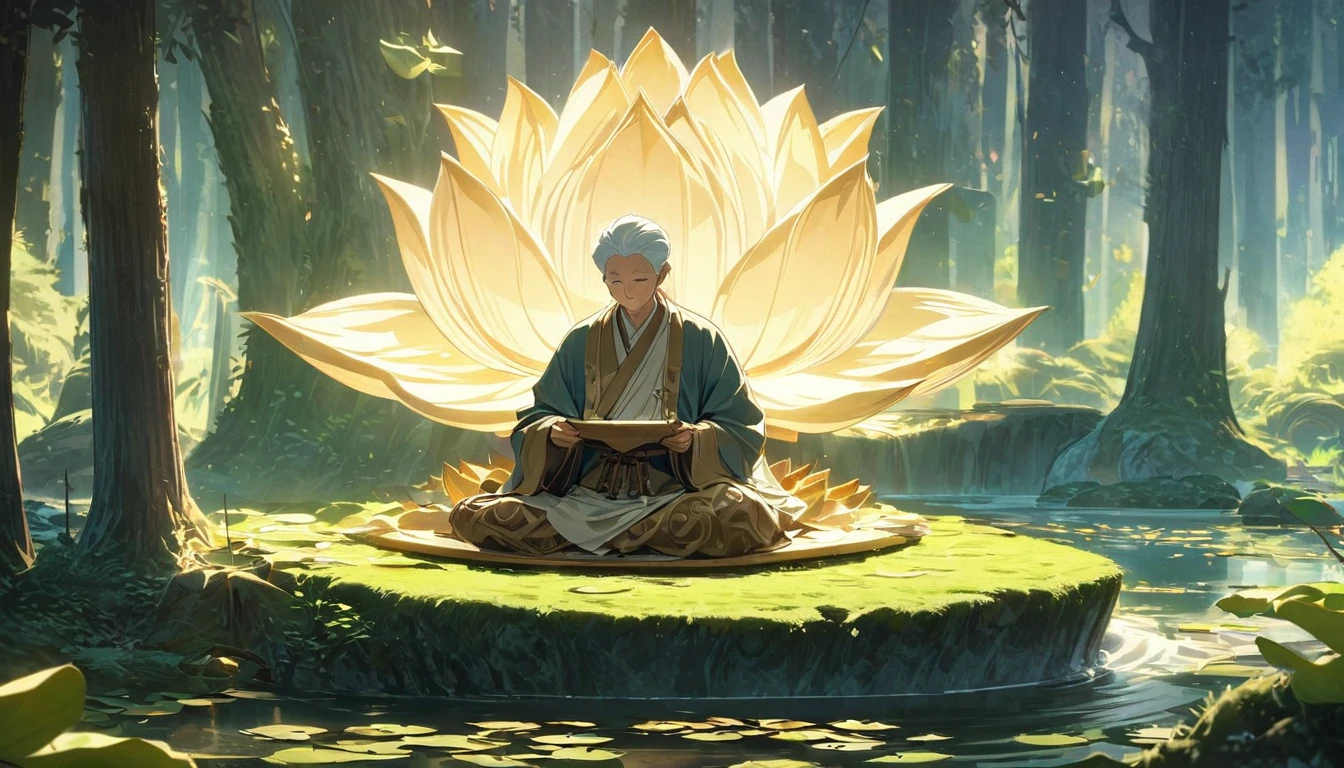 Sensible, Elderly Taoist monk sitting in lotus position, Suspended on a mossy stone，Surrounded by a floating lotus, In an old forest with dense leaves, The cyan robe has golden cloud patterns on it., Ancient calligraphic symbols swirl around him, A circle of golden light descended from the sky, Sacred and peaceful atmosphere, Forest creatures and peaceful observation, The scent of sandalwood, The sound of a mountain stream, Mysterious scene.(best quality,4K,8k,high resolution,masterpiece:1.2),Super detailed,Intricate details,The award-winning,Movie Lighting,dramatic shadows,Rich in details,Volumetric Lighting,FaceRich in details,Elegant composition,atmosphere,paisagem de fantasia,Studio Ghibli style