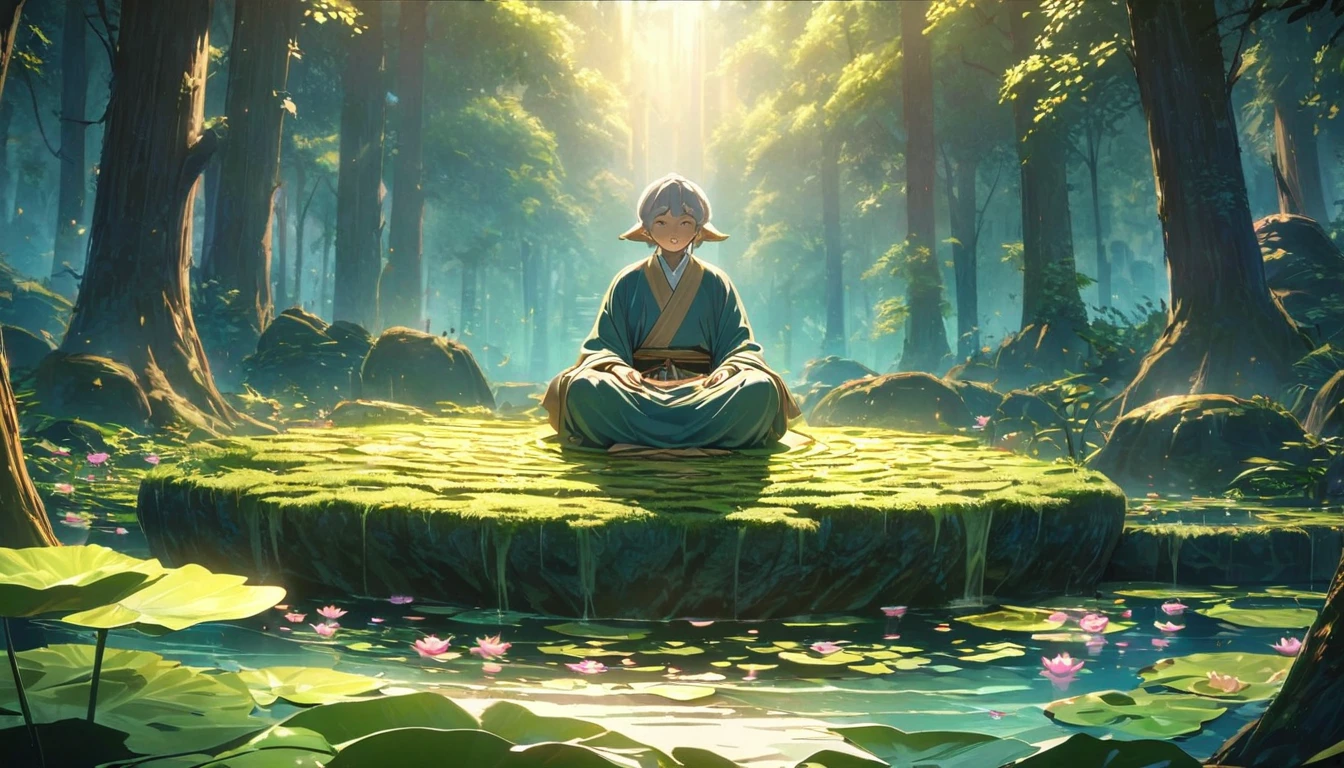 Sensible, Elderly Taoist monk sitting in lotus position, Suspended on a mossy stone,Surrounded by a floating lotus, In an old forest with dense leaves, The cyan robe has golden cloud patterns on it., Ancient calligraphic symbols swirl around him, A circle of golden light descended from the sky, Sacred and peaceful atmosphere, Forest creatures and peaceful observation, The scent of sandalwood, The sound of a mountain stream, Mysterious scene.(best quality,4K,8k,high resolution,masterpiece:1.2),Super detailed,Intricate details,The award-winning,Movie Lighting,dramatic shadows,Rich in details,Volumetric Lighting,FaceRich in details,Elegant composition,atmosphere,paisagem de fantasia,Studio Ghibli style