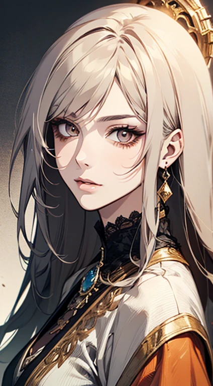 A painting of a woman brown gray hair and an orange top, stunning anime face portrait, beautiful character painting, beautiful anime portrait, her image is rendered by red paint, presenting a stunning effect. The painting is very detailed, depicting women's faces and clothing. Her face has a creamy dripping effect, which makes the whole face more vivid. She wears a beautiful detailed outfit with pale gray hair. The proportions are accurate, and the costumes of the female characters are traditionally dressed, showing a classical charm.