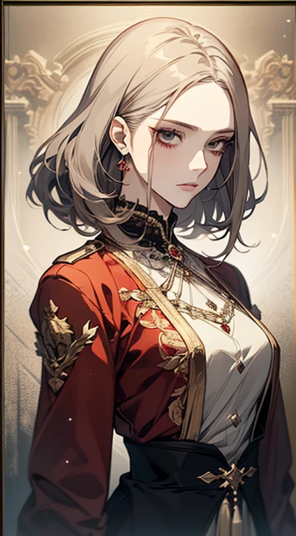 A painting of a woman brown gray hair and an orange top, stunning anime face portrait, beautiful character painting, beautiful anime portrait, her image is rendered by red paint, presenting a stunning effect. The painting is very detailed, depicting women's faces and clothing. Her face has a creamy dripping effect, which makes the whole face more vivid. She wears a beautiful detailed outfit with pale gray hair. The proportions are accurate, and the costumes of the female characters are traditionally dressed, showing a classical charm.