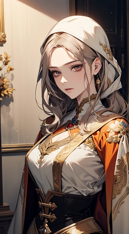 A painting of a woman brown gray hair and an orange top, stunning anime face portrait, beautiful character painting, beautiful anime portrait, her image is rendered by red paint, presenting a stunning effect. The painting is very detailed, depicting women's faces and clothing. Her face has a creamy dripping effect, which makes the whole face more vivid. She wears a beautiful detailed outfit with pale gray hair. The proportions are accurate, and the costumes of the female characters are traditionally dressed, showing a classical charm.