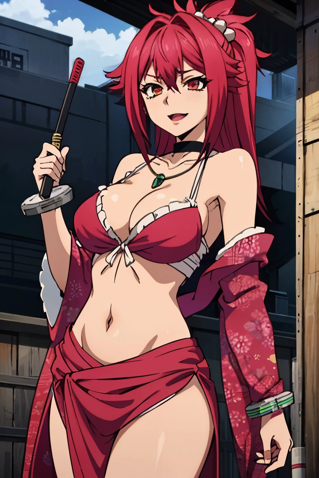 Rin, smile, large breast, choker, necklace, lipstick, blush, Hot girls, baddie, staring, glaring, bad attitude, mean girl, crazy, smoking, sensual, attractive, jewelry, earrings, masterpiece, best quality, highly detailed, a anime girl in kimono dress ,holding sword, bare
shoulder,open kimono, evil smile, open mouth, crop top , (nsfw) not safe for work, smile, ecchi anime
style, anime girls, ecchi style, ecchi, digital anime art!!, in anime style, official artwork, visual novel cg,
beautiful anime girl, anime style 4 k, kimono pencil skirt, exposed belly, exposed navel,
exposed midriff, exposed lower belly, outdoor, japanese architecture, temple