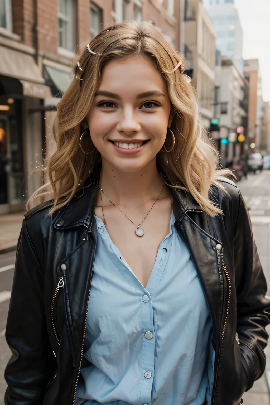 Highest quality, White women、Blonde Hair、Ear piercing、Wavy Hair、smile、necklace、leather jacket、shirt、The background is the city