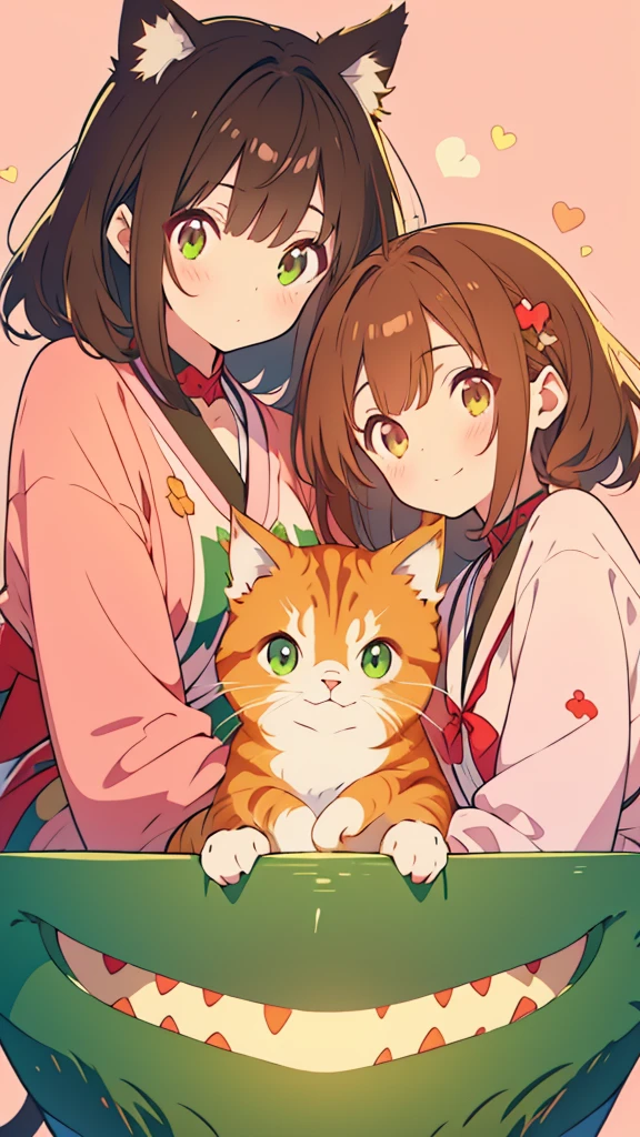 kawaii, anime, Cute, hyper quality, highly detailed, 8k, Clarity, Draw facial expressions in detail, Girl with long dark brown hair and green eyes, A young girl with short light pink hair and scarlet eyes., smile, cat pose, no background, whole body, wallpaper, drawing two people,