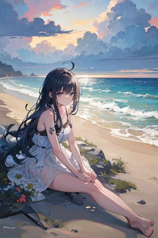(masterpiece, Highest quality: 1.2), Super detailed, Cinema Lighting, High resolution, figure, landscape, One girl, (Soft colors), Post-apocalyptic beach, night, Desolate atmosphere, Girl sitting on the sand, Vegetation Covered, (Cloudy), Waves crashing on the shore, (Depressing but hopeful), A moment of quiet rest, (Detailed Texture), Windblown Hair, nightは曇り