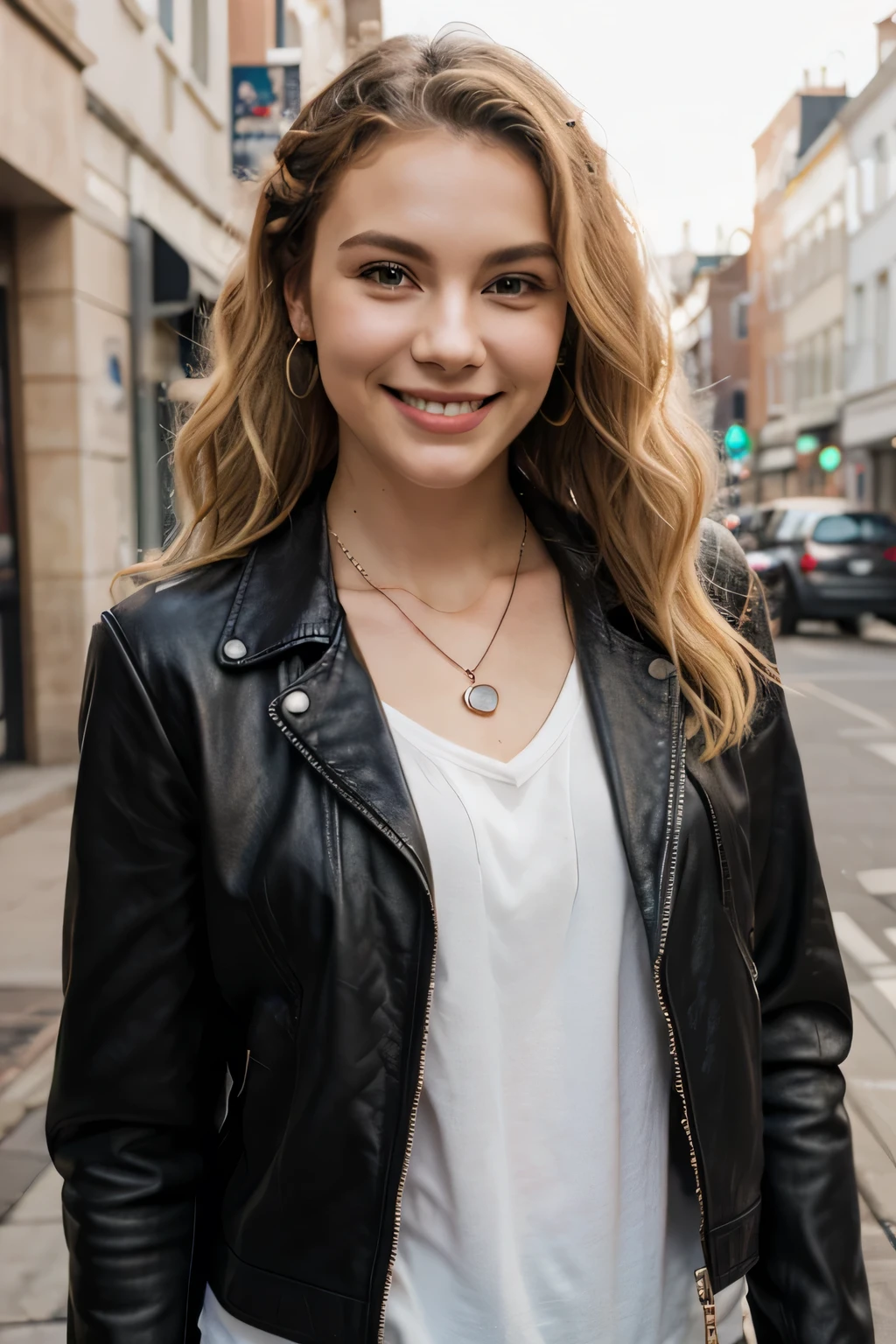 Highest quality, White women、Blonde Hair、Ear piercing、Wavy Hair、smile、necklace、leather jacket、shirt、The background is the city