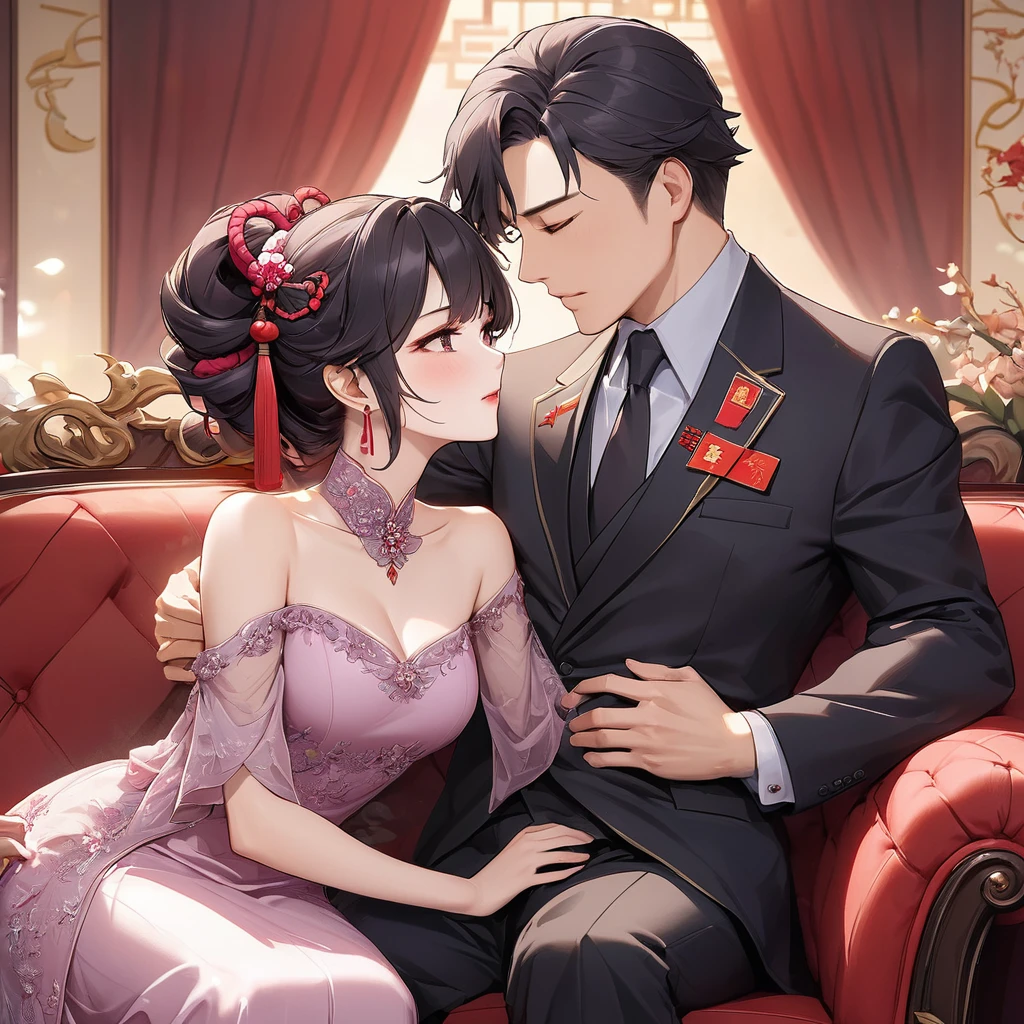 ((Highest quality)), ((masterpiece)), (detailed), (Perfect Face)、The woman is a Chinese woman named Kocho Shinobu.。, Purple gradient bob black hair and formal evening hairstyles. She is wearing an engagement ring. She is a prominent member of the Chinese Communist Party.、She is the wife of a great old Communist Party official.、The woman is beautifully dressed in a gorgeous and glamorous red wedding dress typical of the Chinese Communist Party.、A loving couple is seen passionately embracing a dignified elderly Communist Party official on a luxurious sofa in a luxurious room, the man fondling the woman's breasts and caressing her body.。A loving Chinese Communist couple