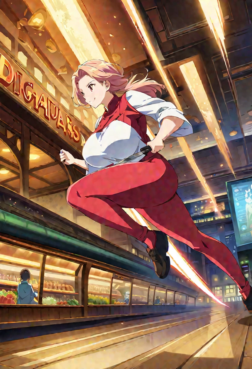 middle age woman floating over a urban city,sci fi,digital anime art,chef woman holding cooking knife,huge busty,side view,run,high-speed,Full body, Beautiful woman running at full speed ,Anime illustration ,Sprint, Smile, French restaurant background