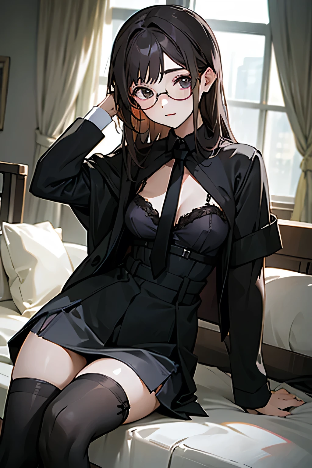 Glasses,-yeld gilingerie,Black thigh-high socks