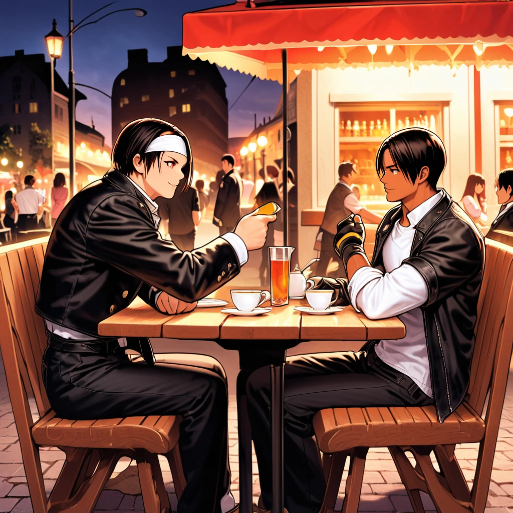 Orochikyo、Dark Skin、2 people、Red eyes、Black jacket(Rolled up my sleeves)、Fingerless gloves、Black Hair、White T-shirt、((White headband))、Black trousers、White shoes、Tea belt、good looking、shot、charm、masterpiece、High resolution、Detailed face、fine grain、night、null、A confident smile、Promenade des Anglais with your lover、outdoor dining、Men and women sit cross-legged、Talking happily、France