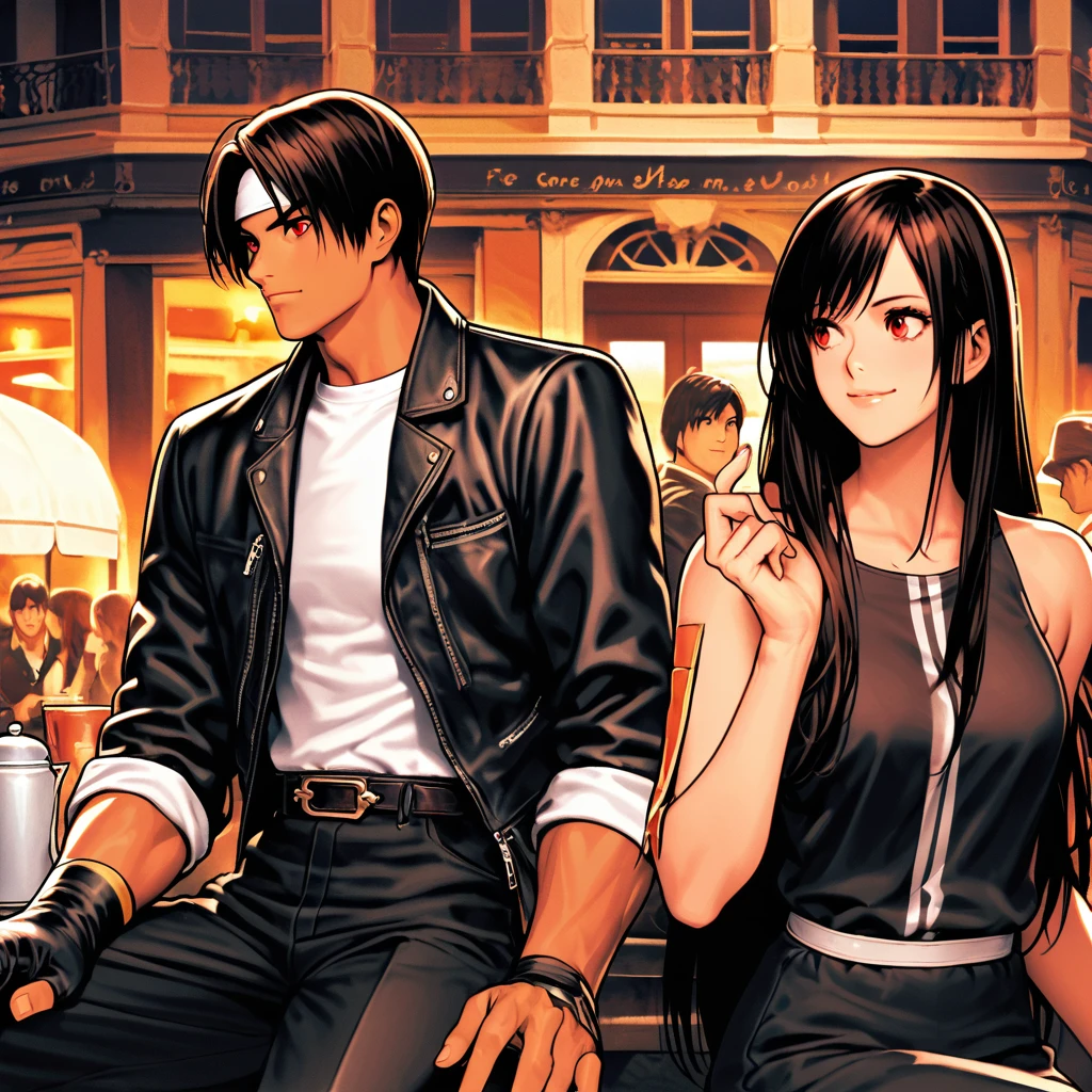 Orochikyo、Dark Skin、2 people、Red eyes、Black jacket（Rolled up my sleeves）、Fingerless gloves、Black Hair、White T-shirt、（（White headband））、Black trousers、White shoes、Tea belt、good looking、shot、charm、masterpiece、High resolution、Detailed face、fine grain、night、null、A confident smile、Promenade des Anglais with your lover、outdoor dining、Men and women sit cross-legged、Talking happily、France