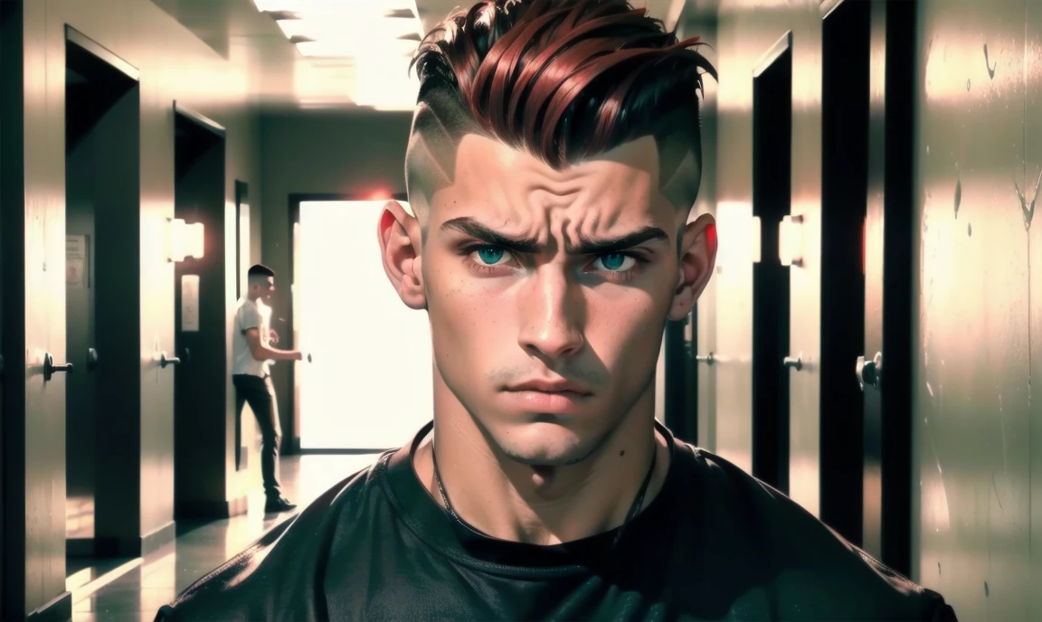 "((highly detailed, detailed eyes, detailed face, clear and realistic facial features, photorealistic, realistic light; cinematic)), (1 man), ((((school hallway background)))), (((gorgeous tough bully male))), ((18-year-old teenage male)), ((((glaring expression)))), ((intimidating mood)), ((blue-green eyes)), ((short black hair with an undercut)), (((dressed to look attractive))), ((red tint in hair))."