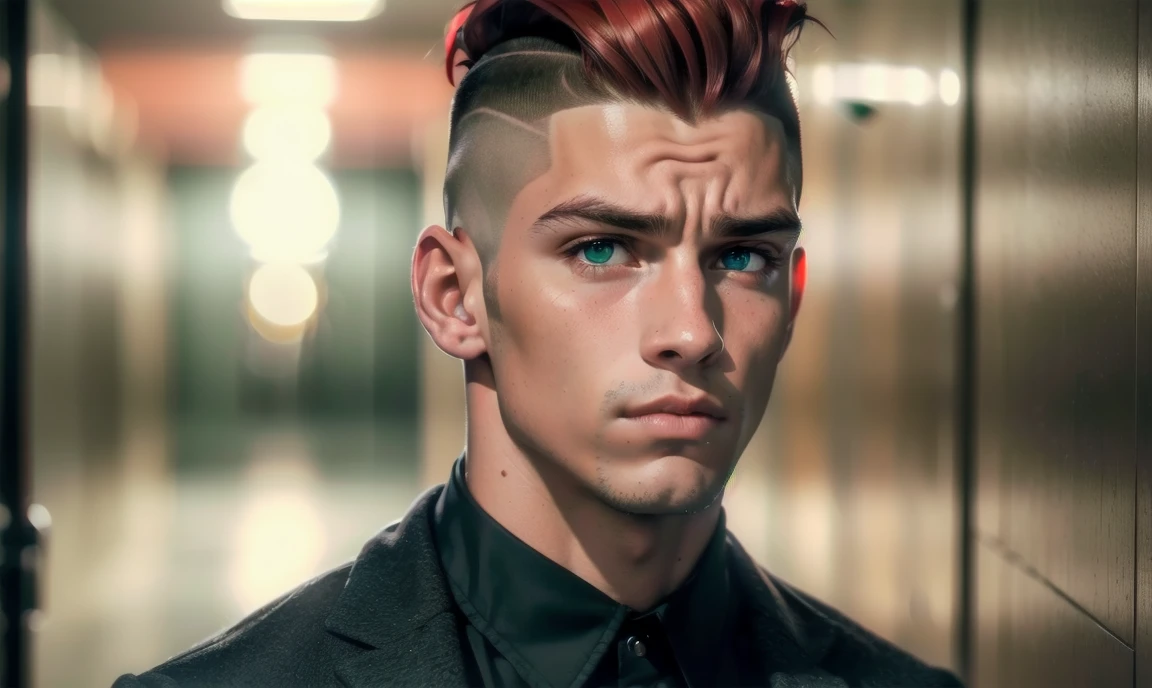 "((highly detailed, detailed eyes, detailed face, clear and realistic facial features, photorealistic, realistic light; cinematic)), (1 man), ((((school hallway background)))), (((gorgeous tough bully male))), ((18-year-old teenage male)), ((((glaring expression)))), ((intimidating mood)), ((blue-green eyes)), ((short black hair with an undercut)), (((dressed to look attractive))), ((red tint in hair))."