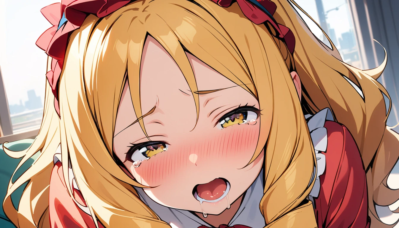 [1girl, yamada elf, eromanga sensei], beautiful detailed eyes, yellow eyes,(tareme), (half-closed eyes), (opened mouth), nsfw, curvy, Slender, (close-up mouth), Highest quality, Super detailed, masterpiece, Ultra-high resolution, 8k, Embarrassing, blush, Lovely, Close one eye, (With tears in her eyes and her mouth open), Sticky saliva
