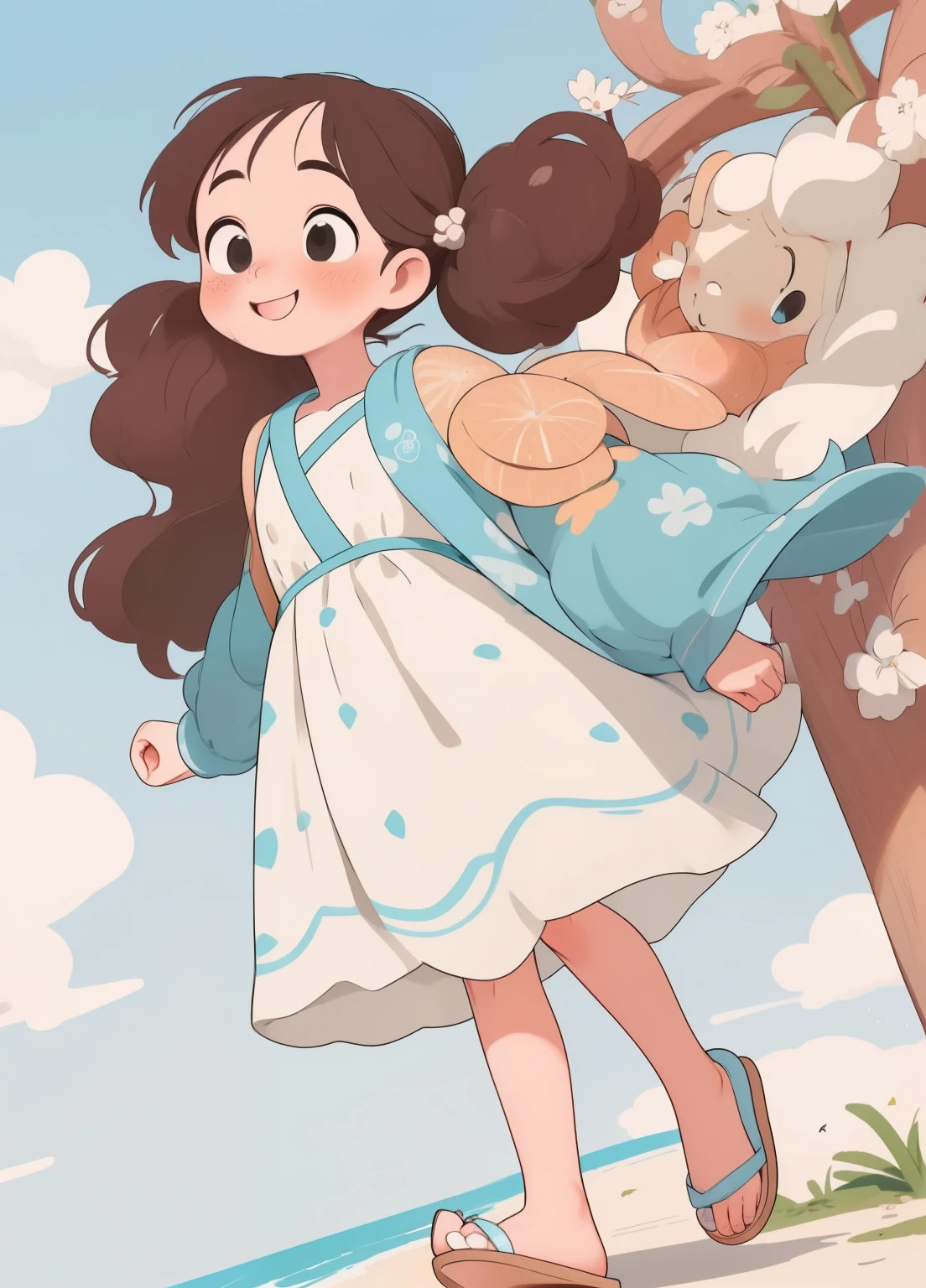 (masterpiece、Highest quality、Highest quality、Official Art、Beautiful and beautiful:1.2)、(One girl:1.3)Hatsune Miku、Twin tails,Beautiful breasts, Katsushika Hokusai,Little , whole body , Big hazel eyes , Long wavy hair with no bangs , Brunette , White summer dress with straps , Cute Sandals , Blushing , stand up, walk, smile , Cute Freckles, greeting, Cute eyes