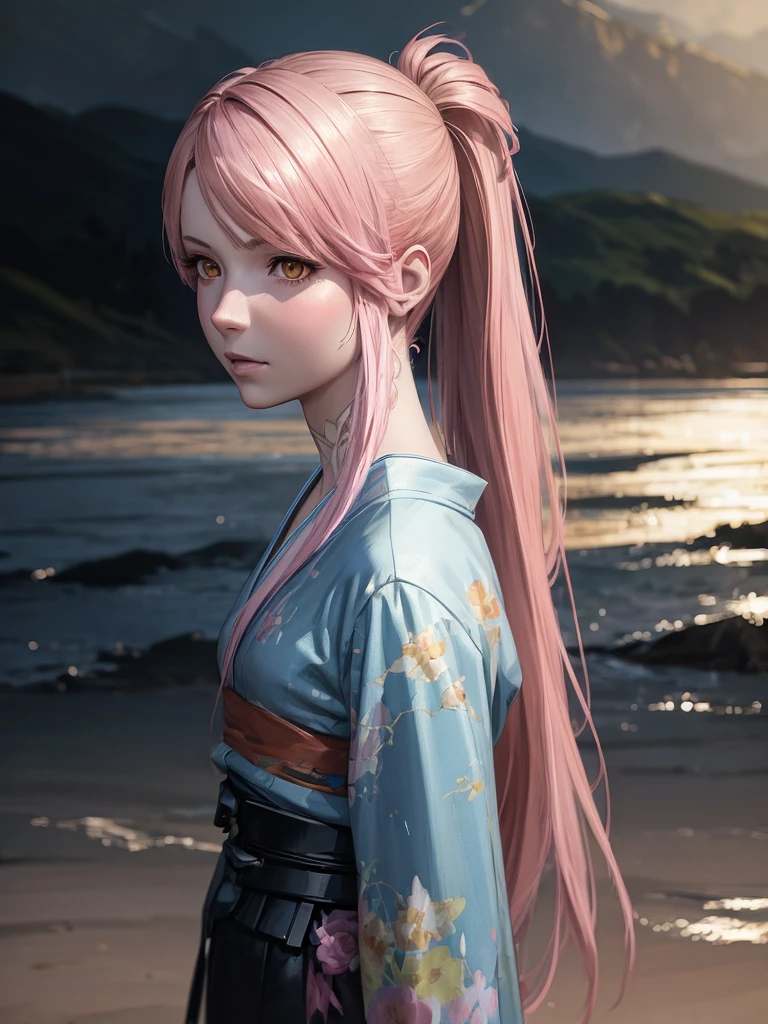 (masterpiece), anime, (photograph_(Moderate):1.0), Antonio J.. Manzanado, Jeremy Lipking, One girl, lightning, In a surreal landscape, Watercolor style, Strokes, Button unbuttoned, Orange eyes, ponytail, Pink Hair, cyber punk, kimono