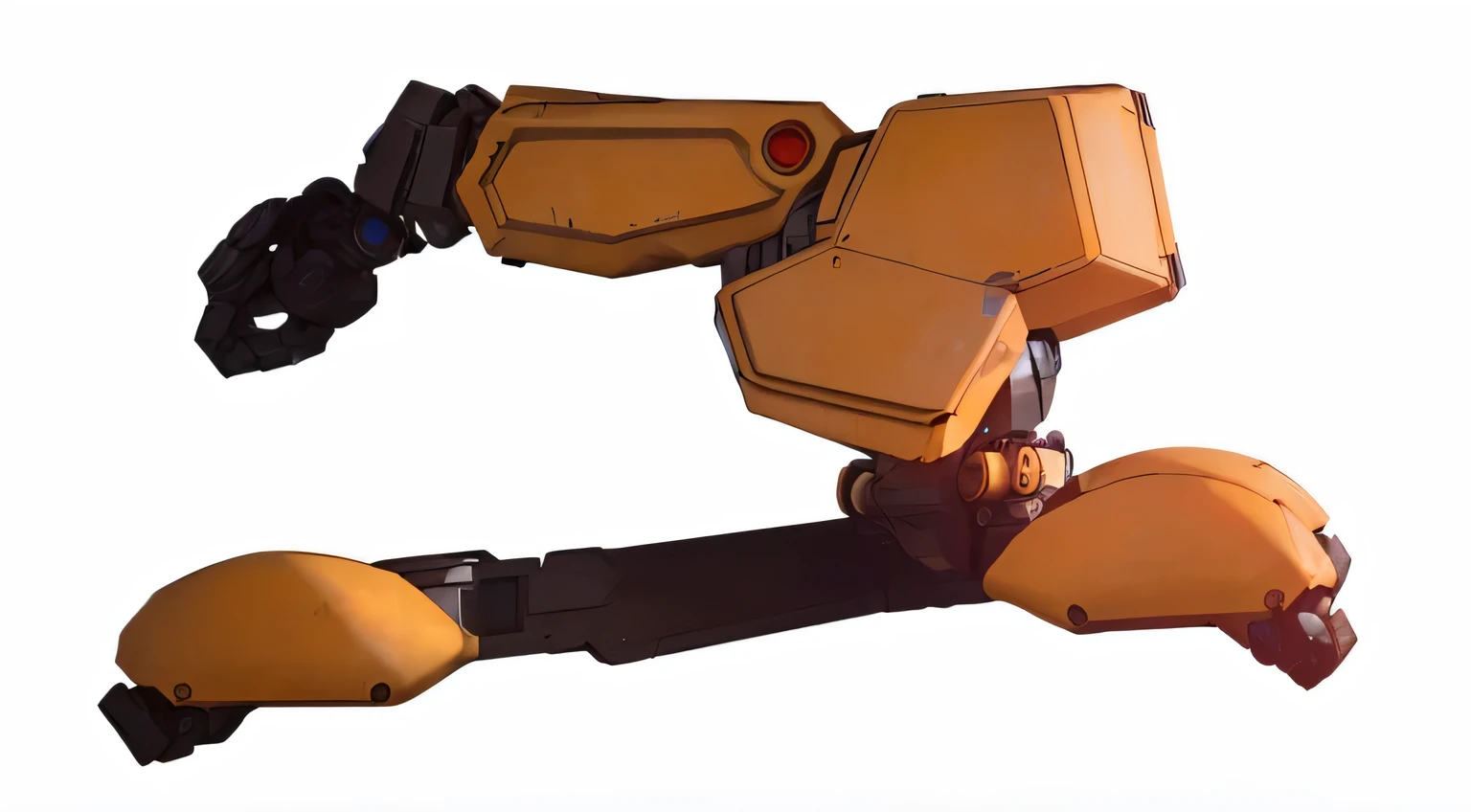 there is a yellow robot with a black belt and a red handle, robotic extended arms, one arm of the robot body, glados, plated arm, scaled arm, mech shaped like a manatee, yellow mech, robot arms, mecha limbs, long-arms, mech body, with robotic arms, robot arm, with damaged rusty arms, mech