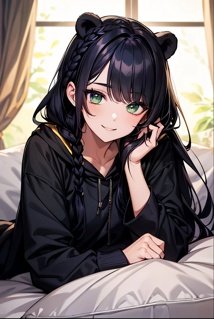 beautiful, (masterpiece), Highest quality, (extremely detailed face), extremely detailed eyes, Perfect lighting, 全体detailed, detailed, Deep Skin,Textured skin,
,bear costume ,black bear costume, Long sleeve, Wear a hood,,mallow , Long Hair, Green Eyes, Big smile,On the bed ,sit between the pillows,
,Long Black Hair, Hairstyle(Braiding), Hairstyle(((black navy blue, Dark Navy))), pupil(purple)